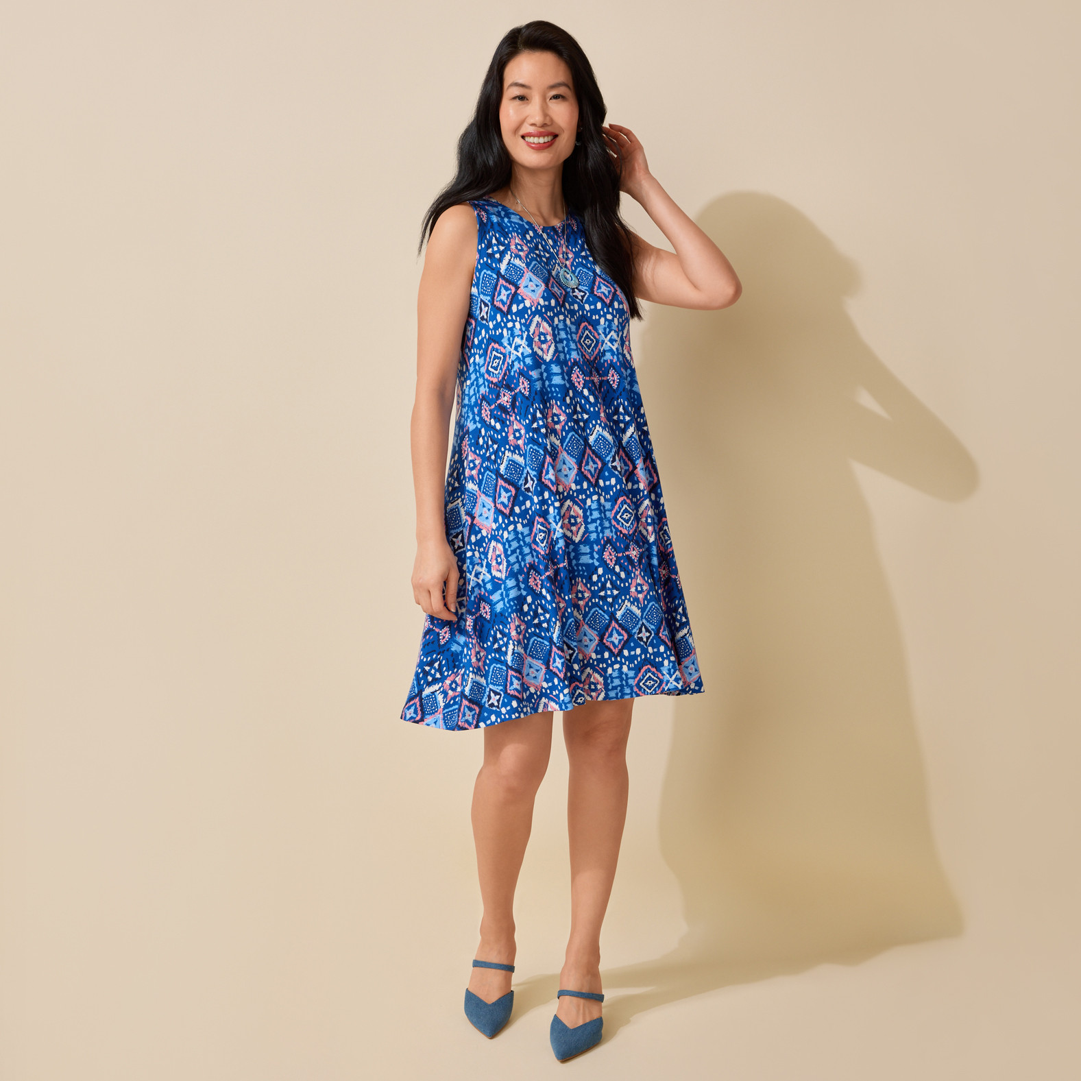 Patterned Swing Dress - Deep Blue