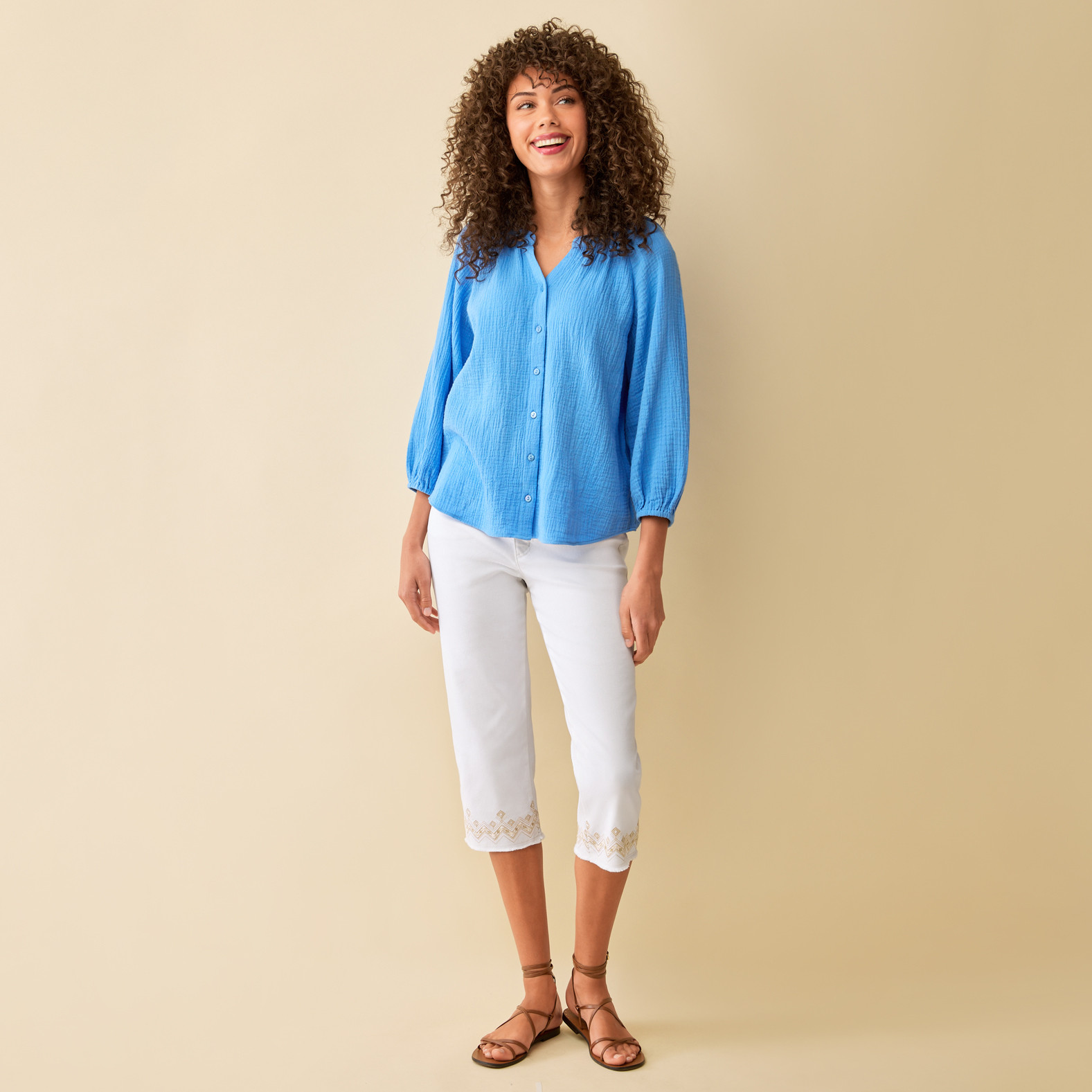 Button Front Cotton Gauze Shirt Full Body