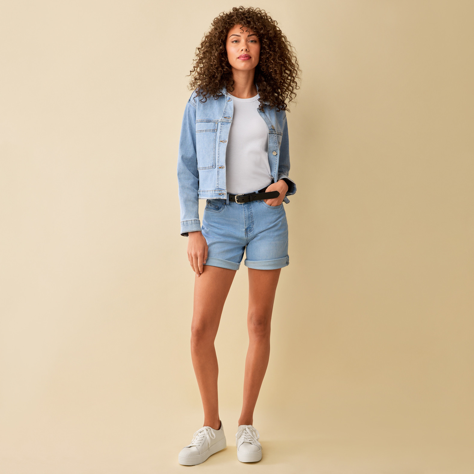Cropped Light Wash Denim Jacket Full Body Unbuttoned