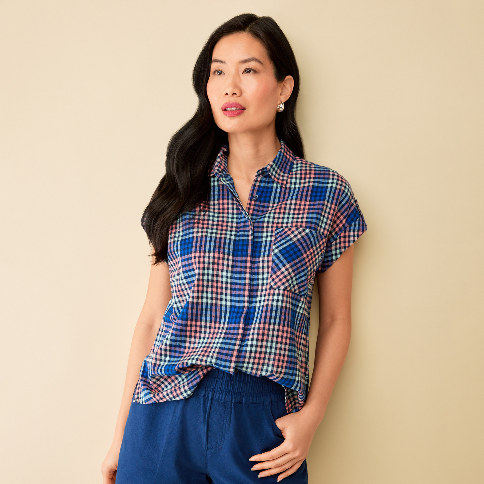 Navy Plaid Cap Sleeve Shirt