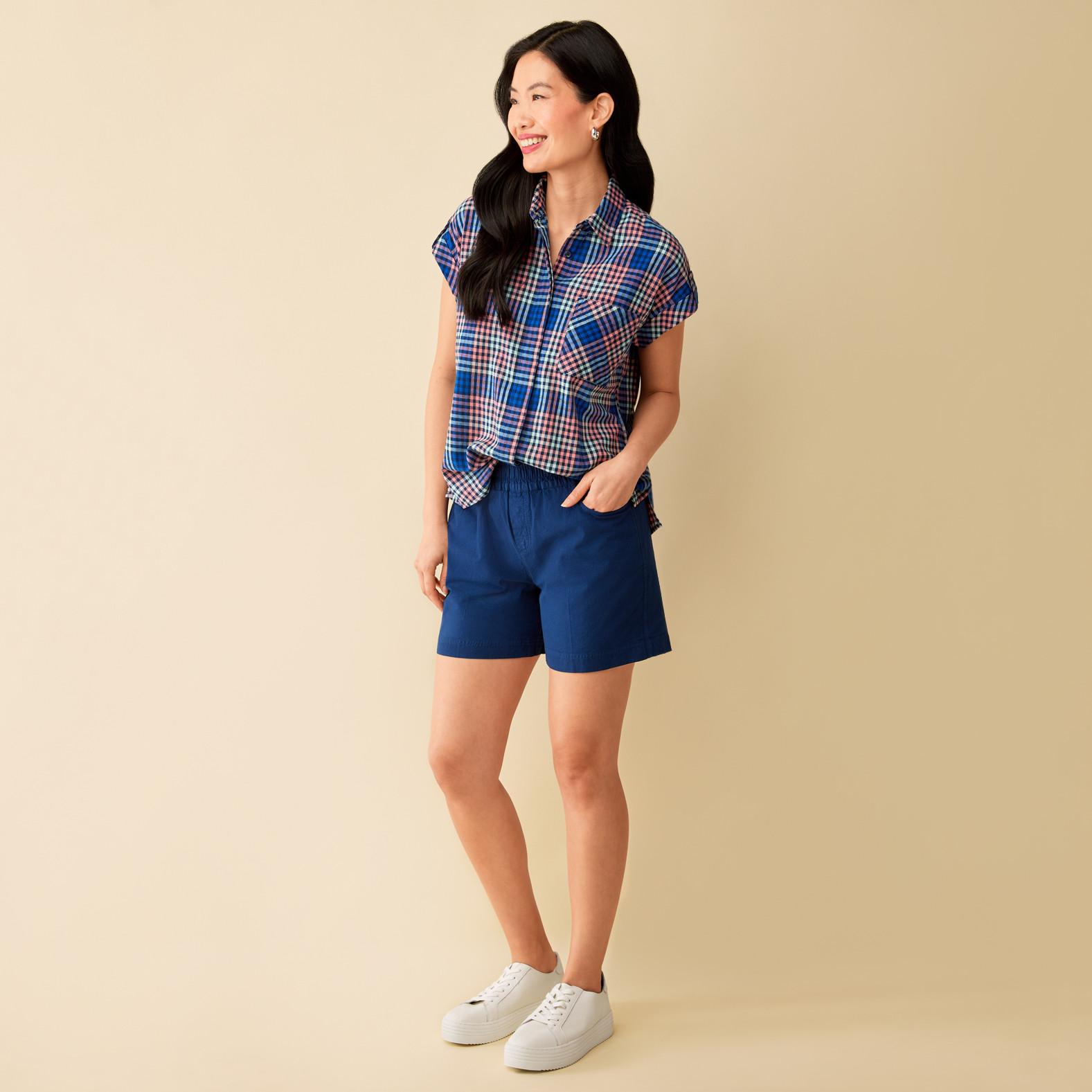 Navy Plaid Cap Sleeve Shirt Full Body Tucked