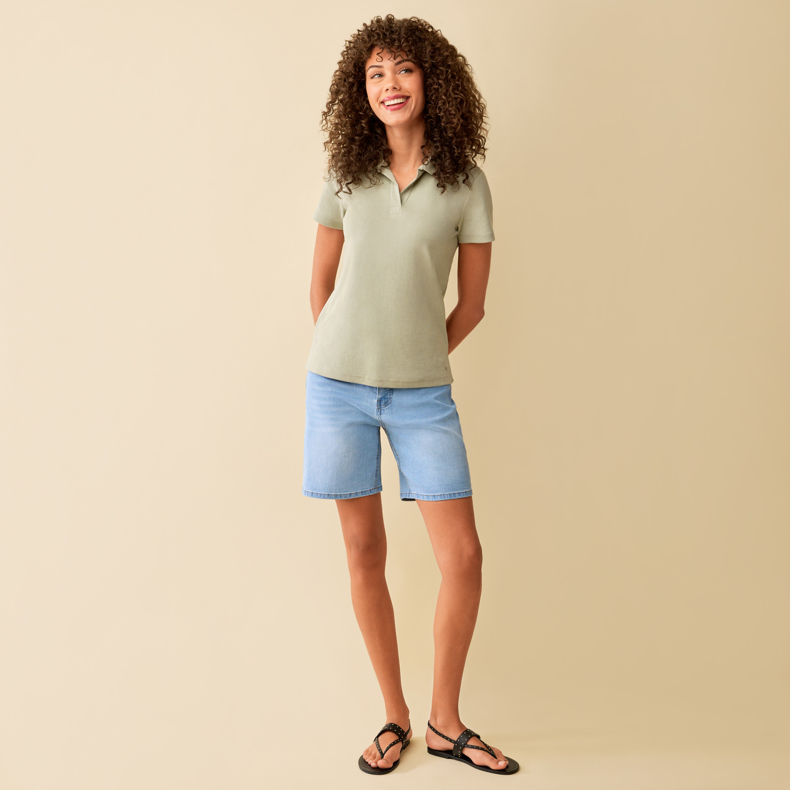 Polo Collar Short Sleeve Top Full Body - Green
