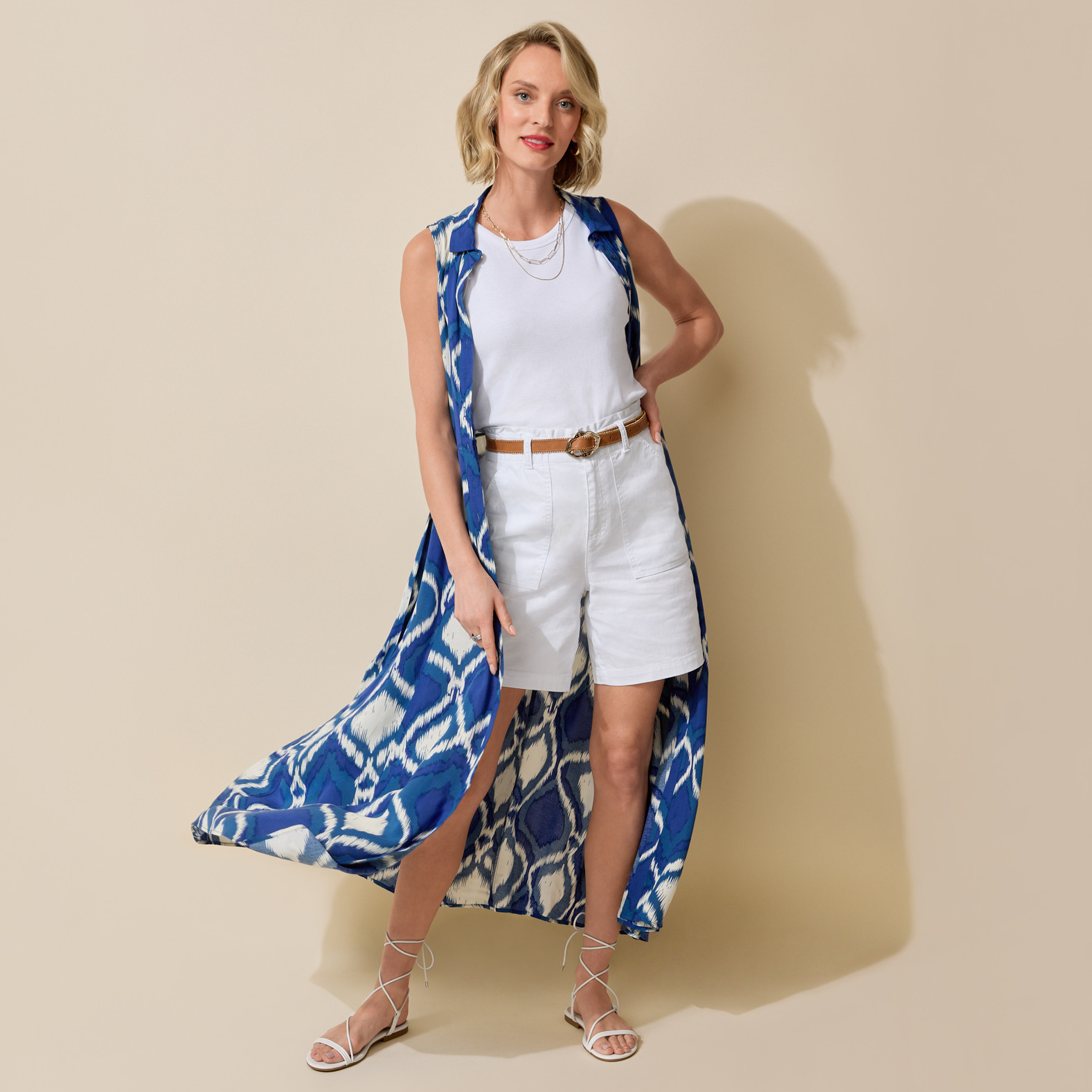Blue Patterned Sleeveless Dress Open