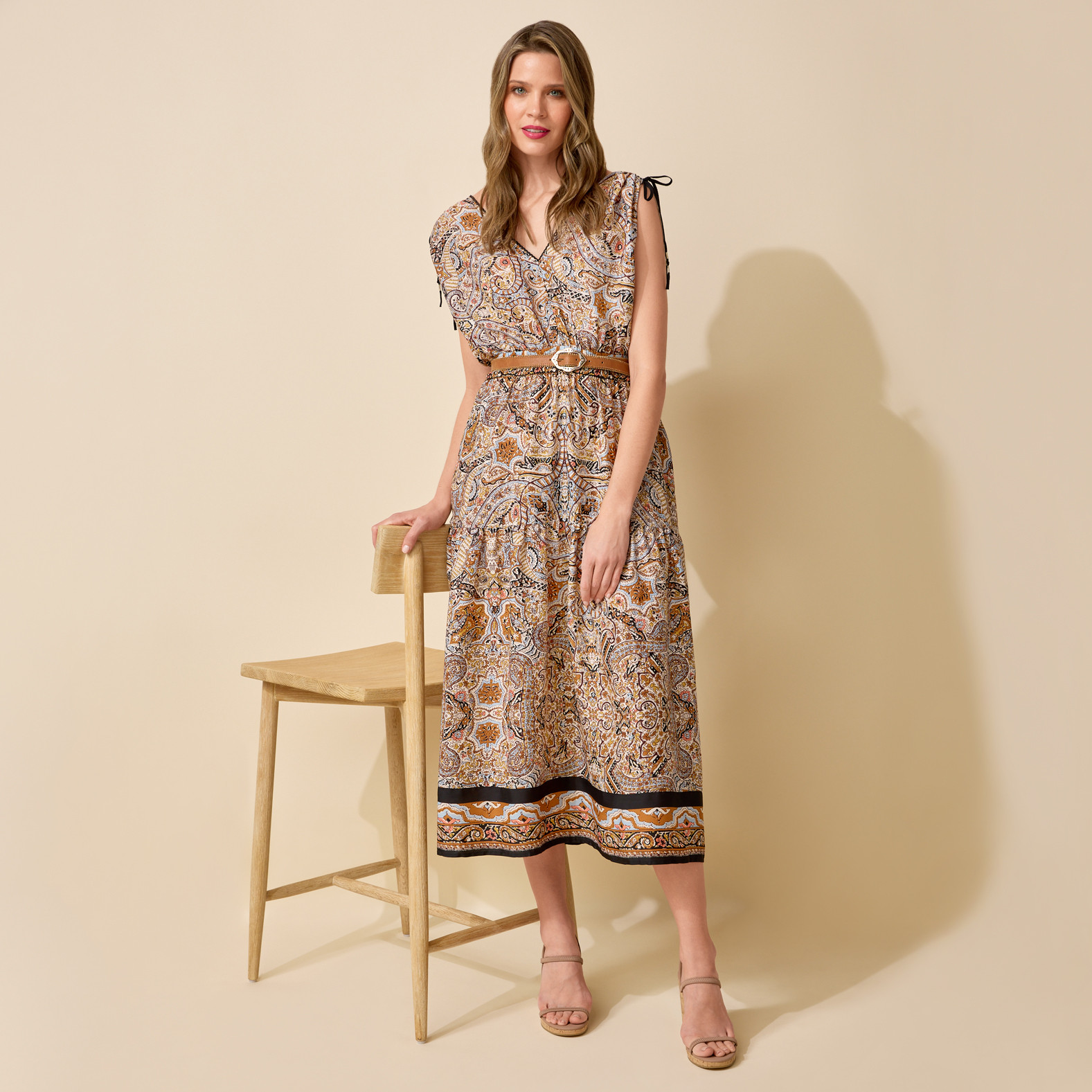 Brown Patterned Maxi Dress Full Body