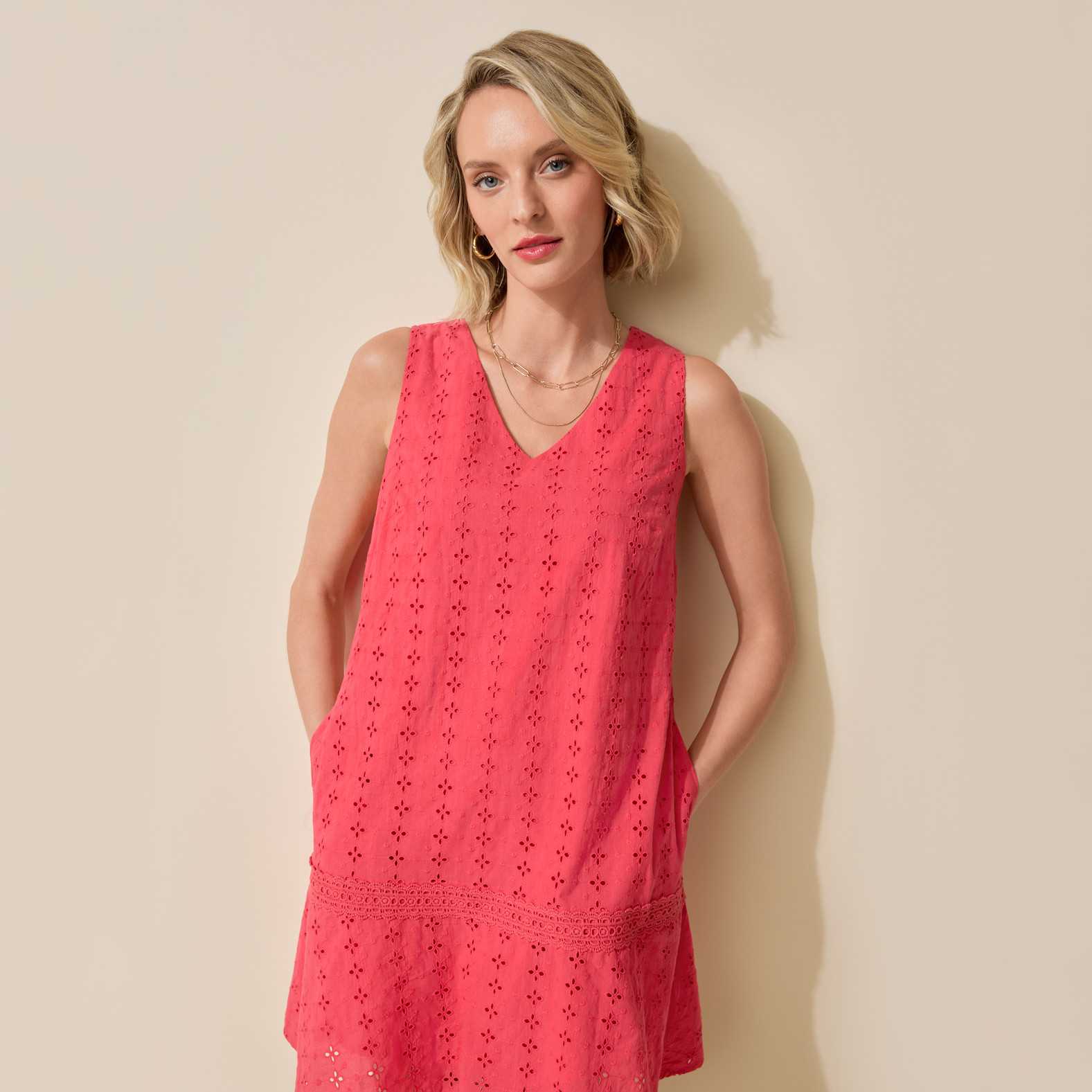 Coral Cotton Eyelet Dress Half Body