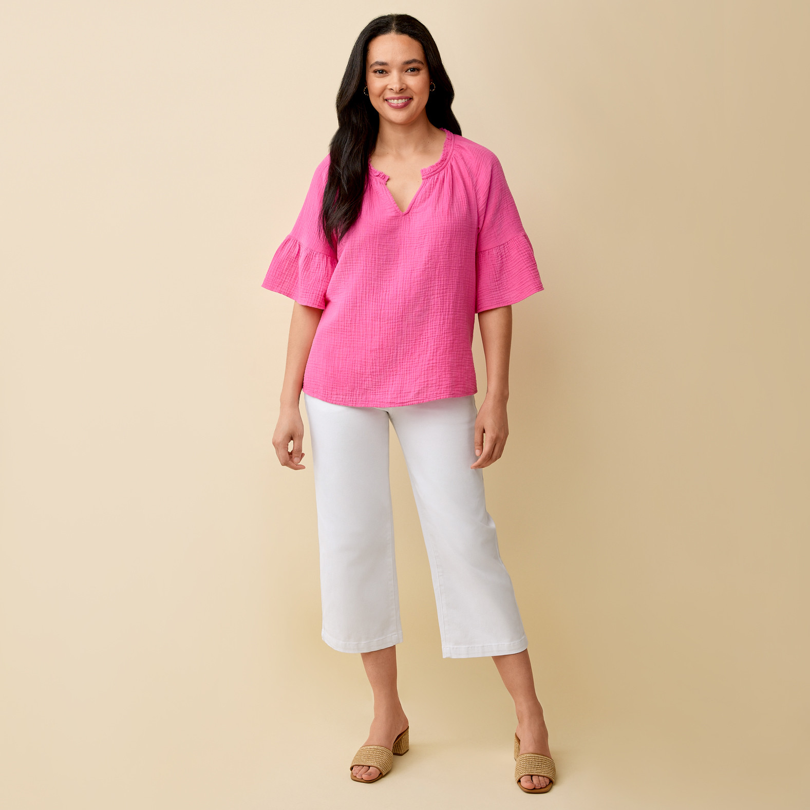 Cotton Gauze Ruffle Sleeve Top Full Body - Pink