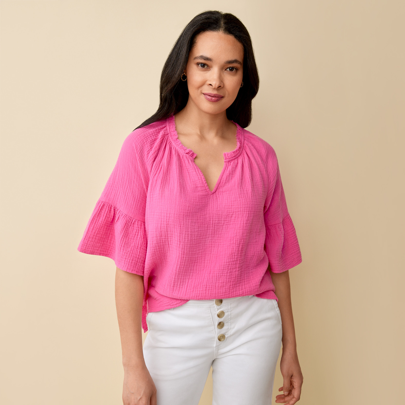 Cotton Gauze Ruffle Sleeve Top Front View - Pink