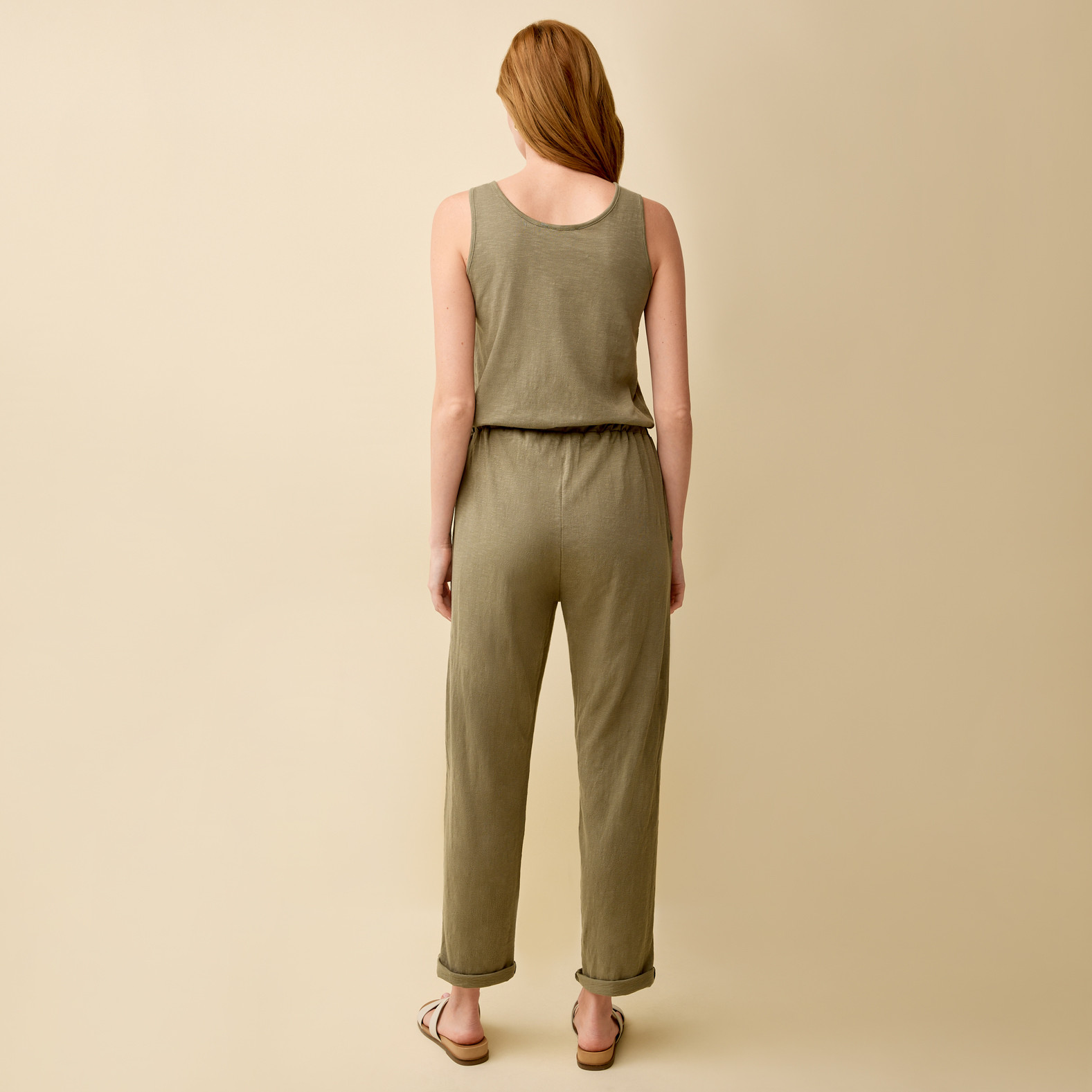 Cotton Tank Top Jumpsuit Back View - Green