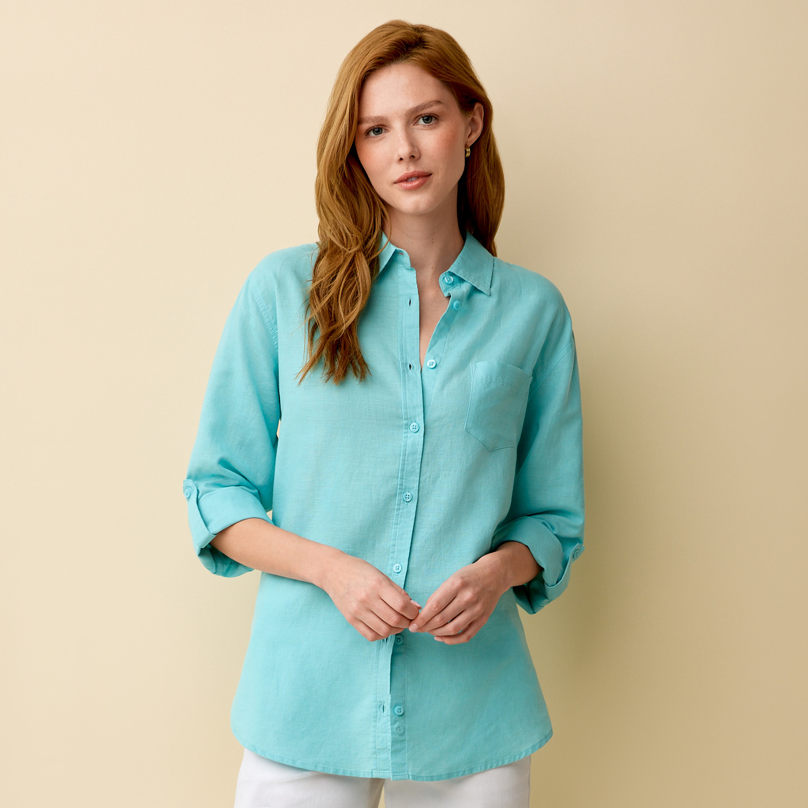 Linen-Cotton Button Down Shirt Half Body Cuffed