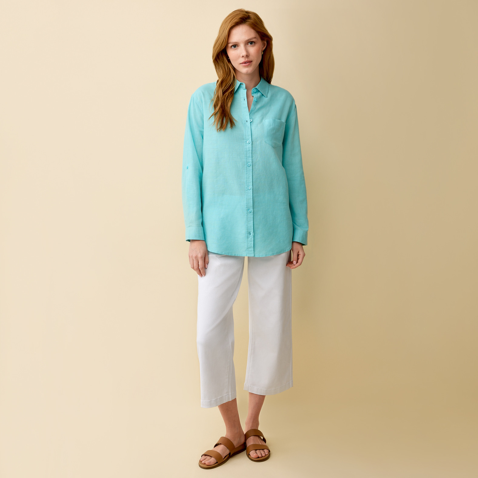 Linen-Cotton Button Down Shirt Full Body Uncuffed