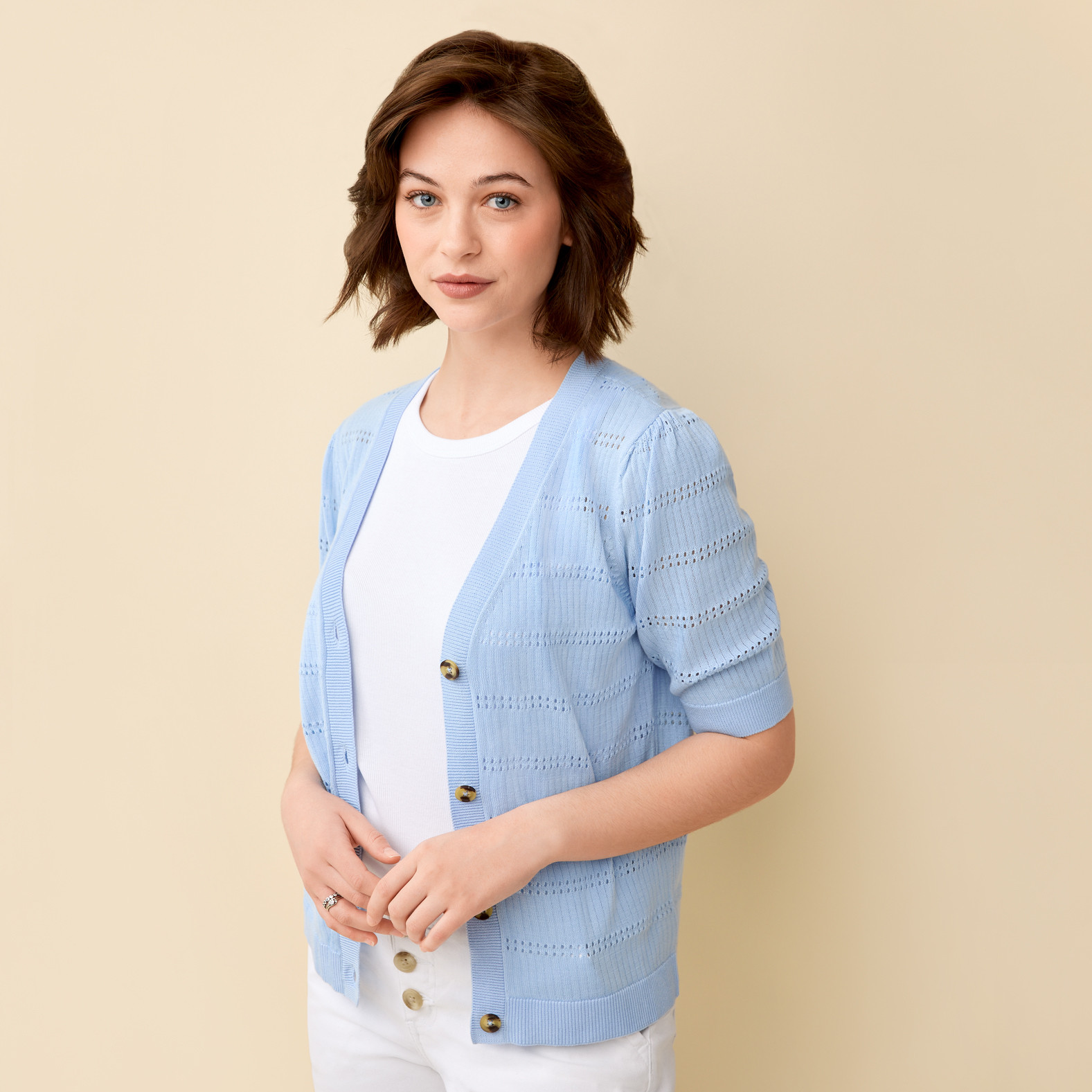 Puff Sleeve Pointelle Cardigan Half Body Unbuttoned - Blue Horizon