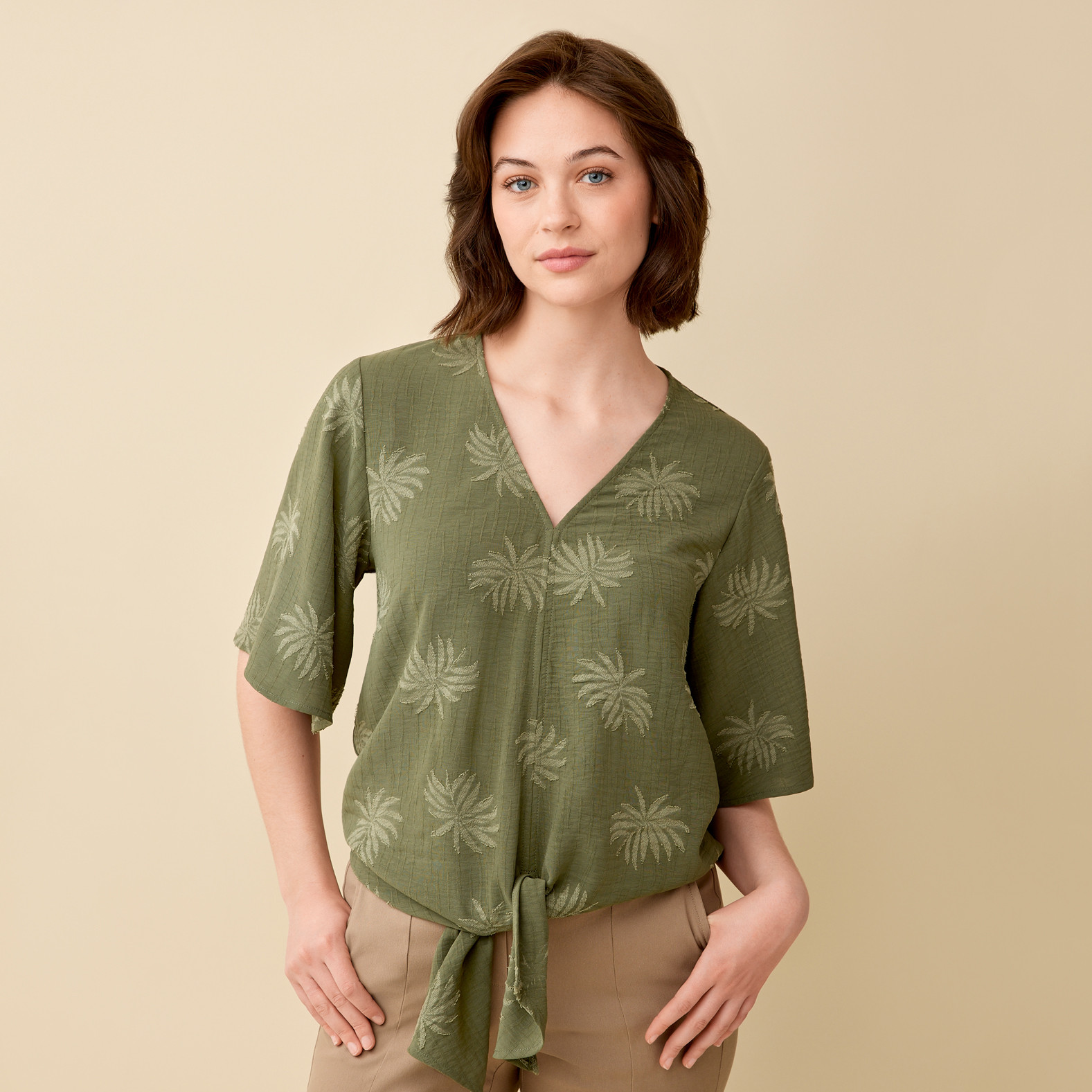 Tie Front Palm Print Top