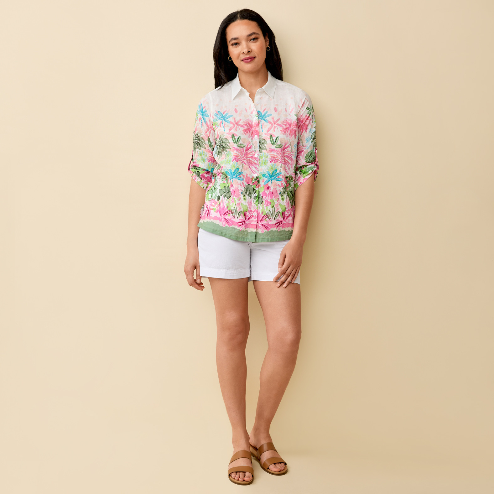 Tropical Print Button Down Shirt  Full Body