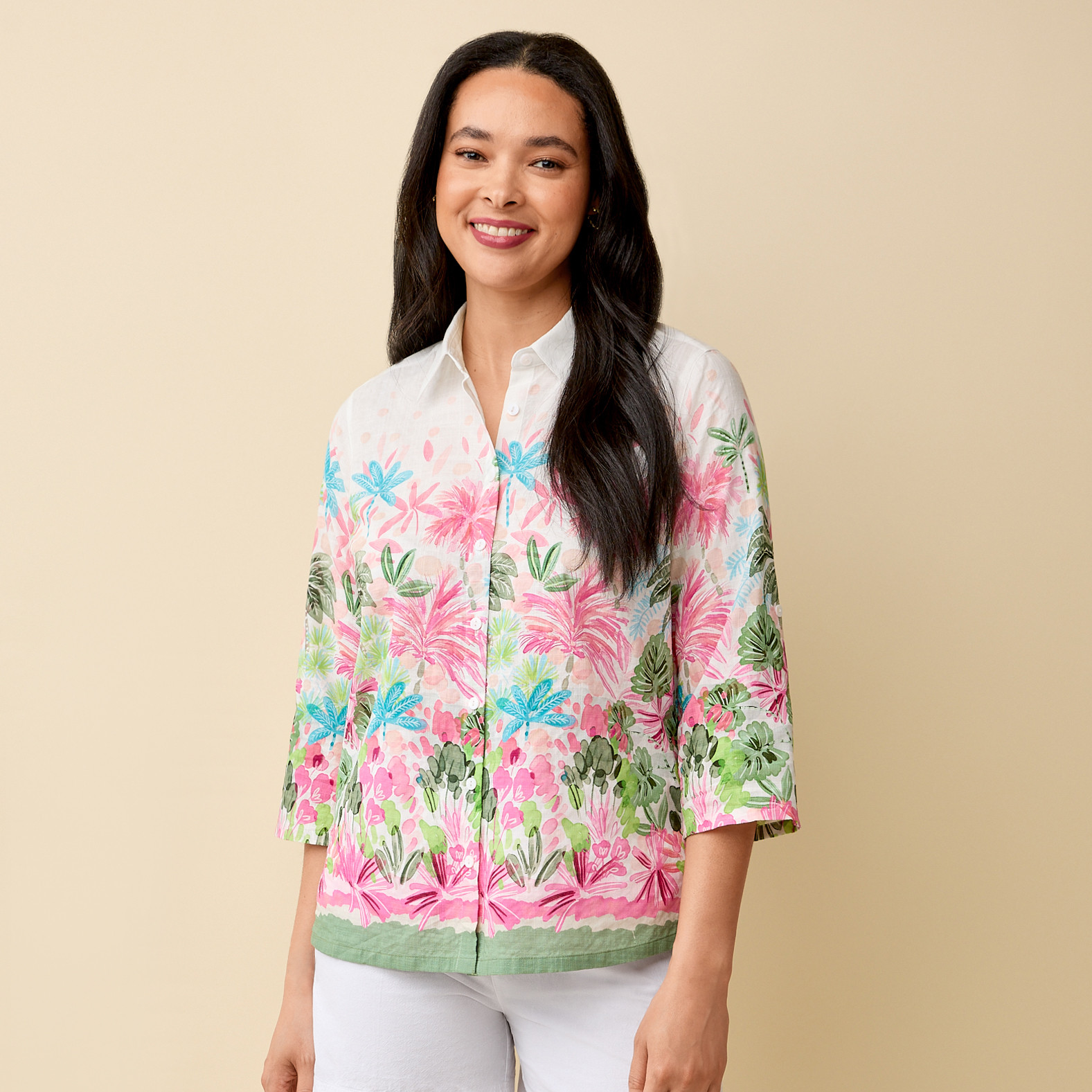 Tropical Print Button Down Shirt  Half Body