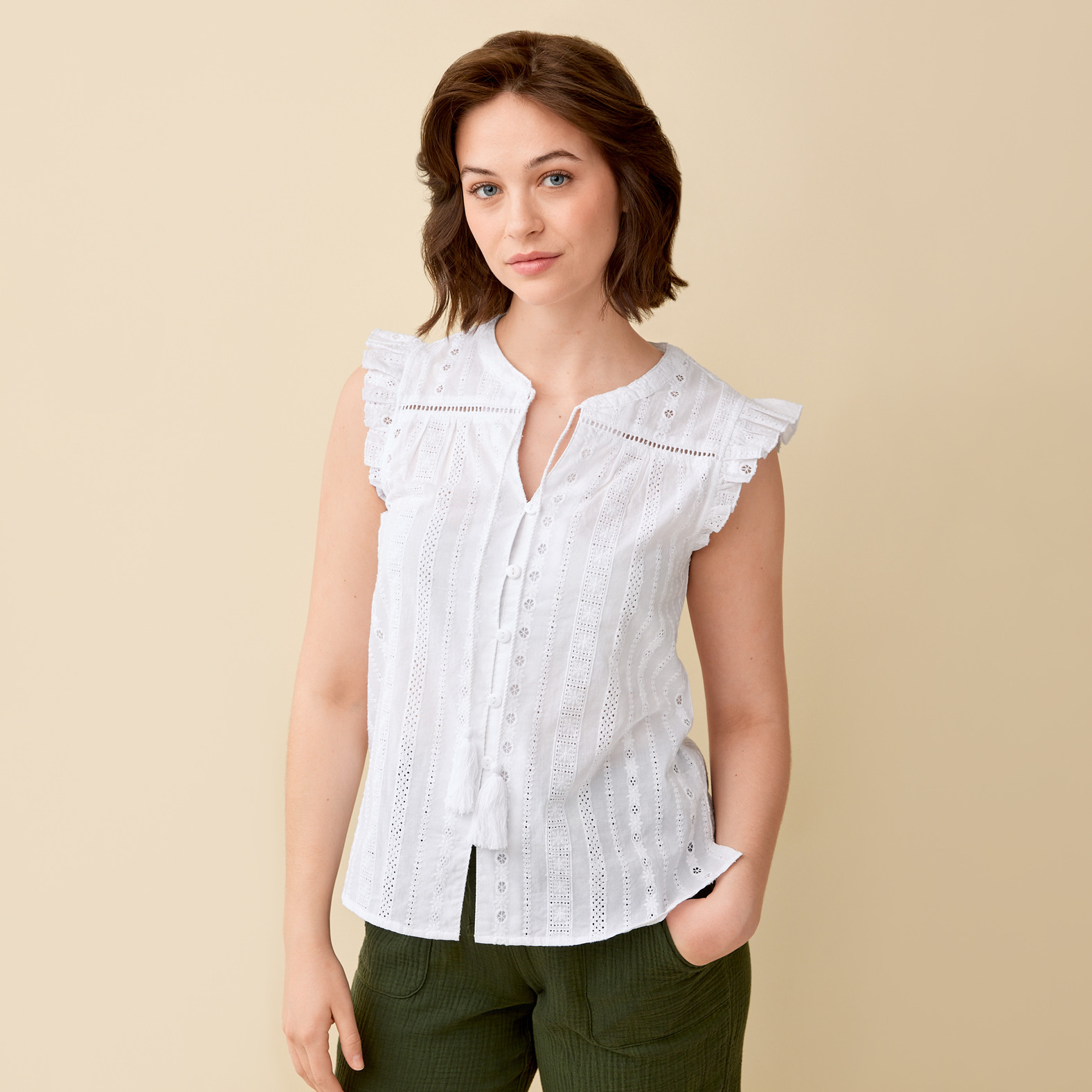White Eyelet Sleeveless Top Half Body