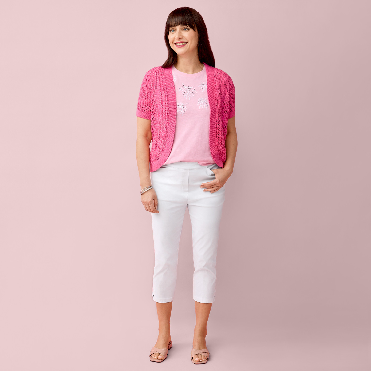 Embroidered Feather Tee  Full Body with Cardigan