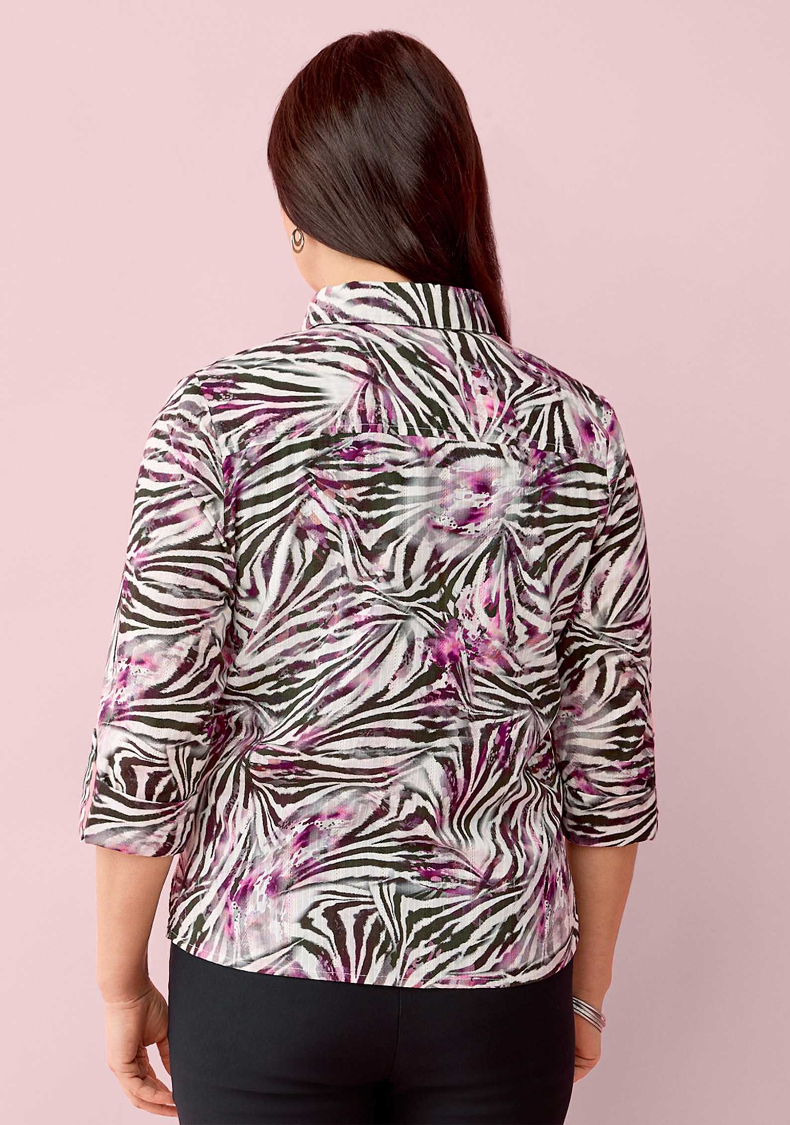 Petite - Zebra Print 3/4 Sleeve Shirt-Back View