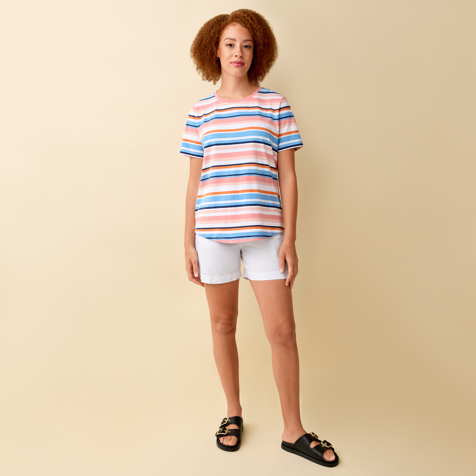 Semi Fit Multicolour Striped Tee Full Body - Seashell Pink