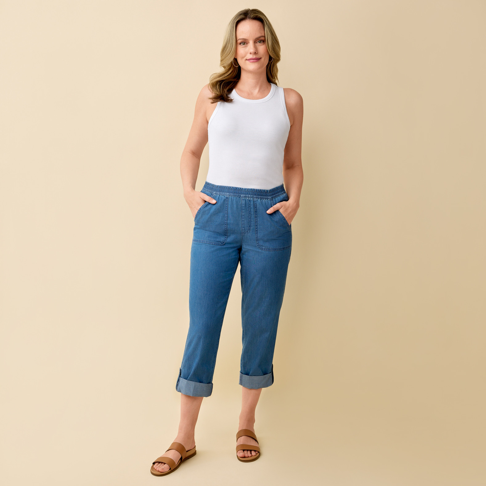 Convertible Roll Tab Chambray Crop Pant  Full Body
