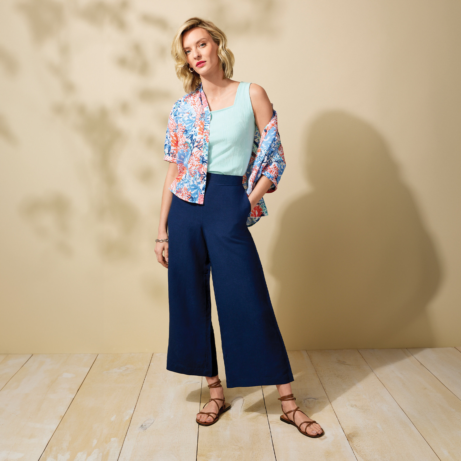 Coral Print Linen-Cotton Shirt Full Body