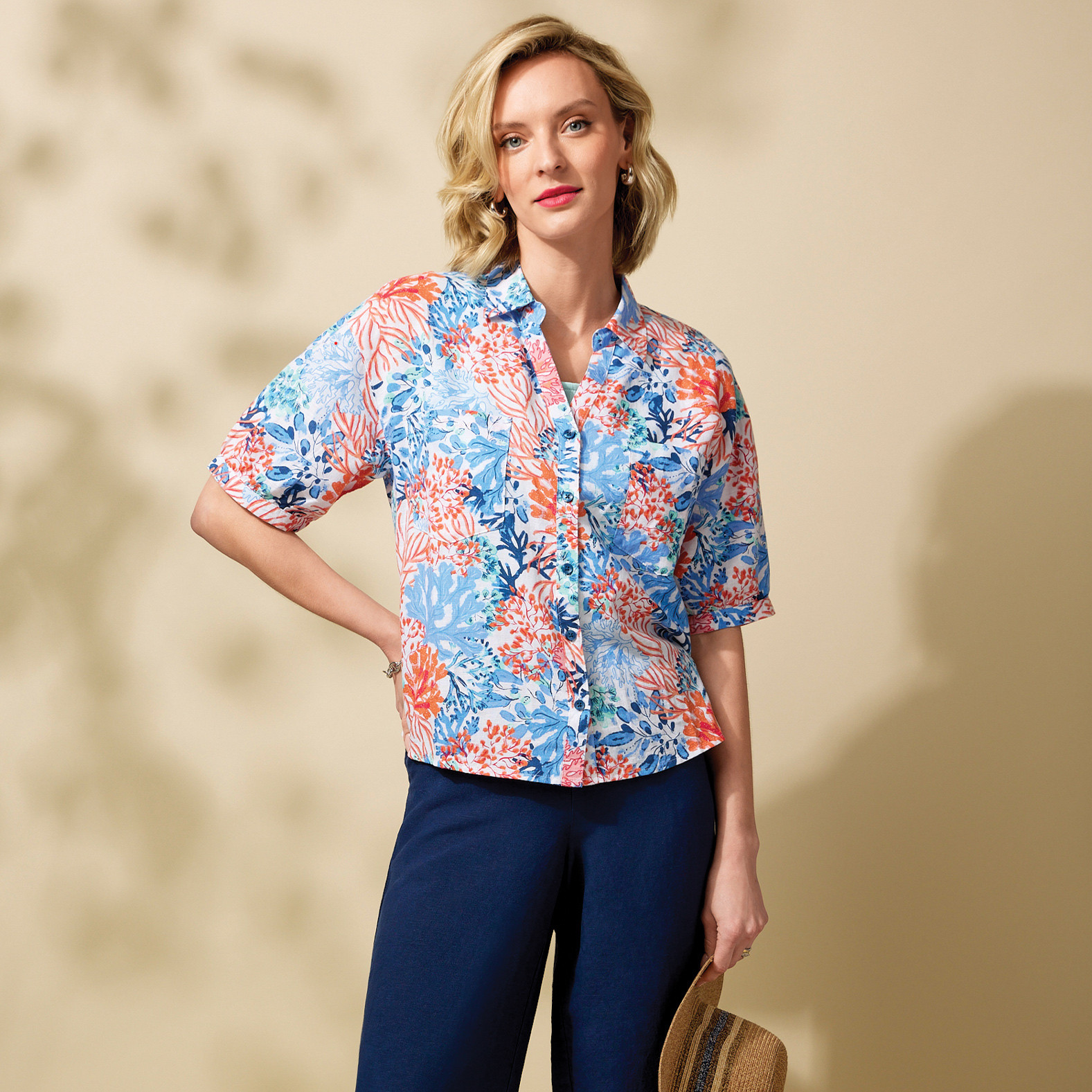 Coral Print Linen-Cotton Shirt Buttoned