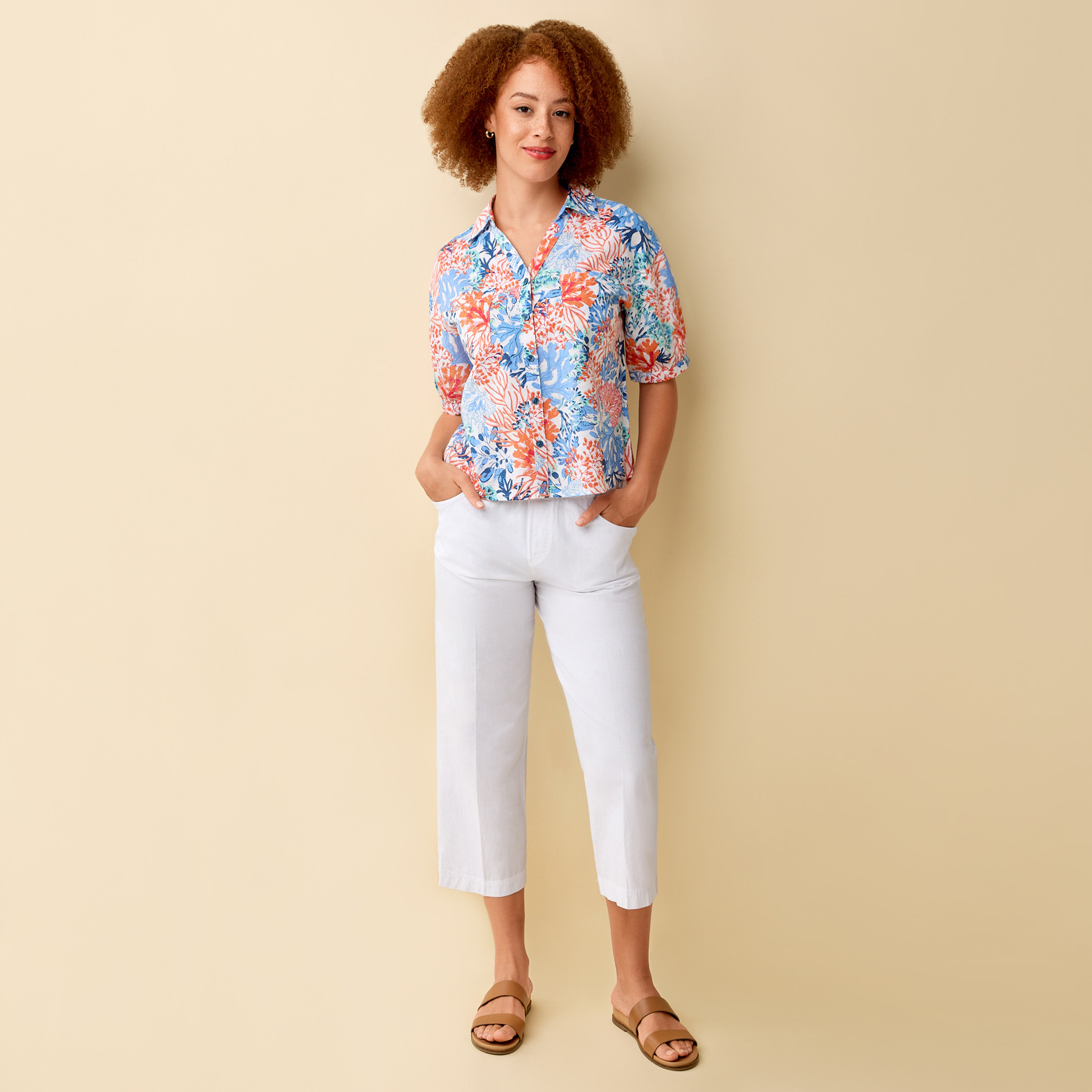 Coral Print Linen-Cotton Shirt Full Body