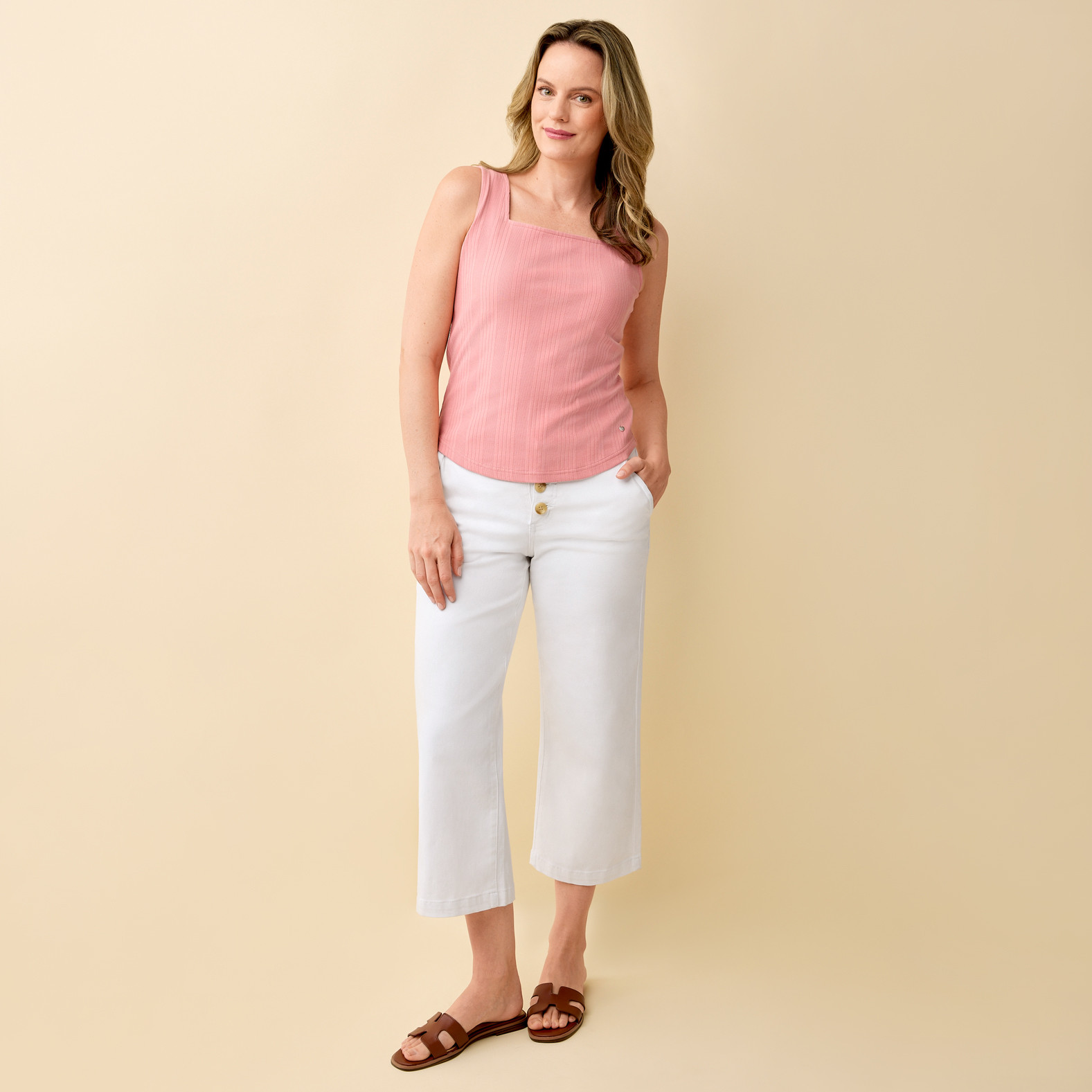 Square Neck Knit Tank Full Body-Seashell Pink