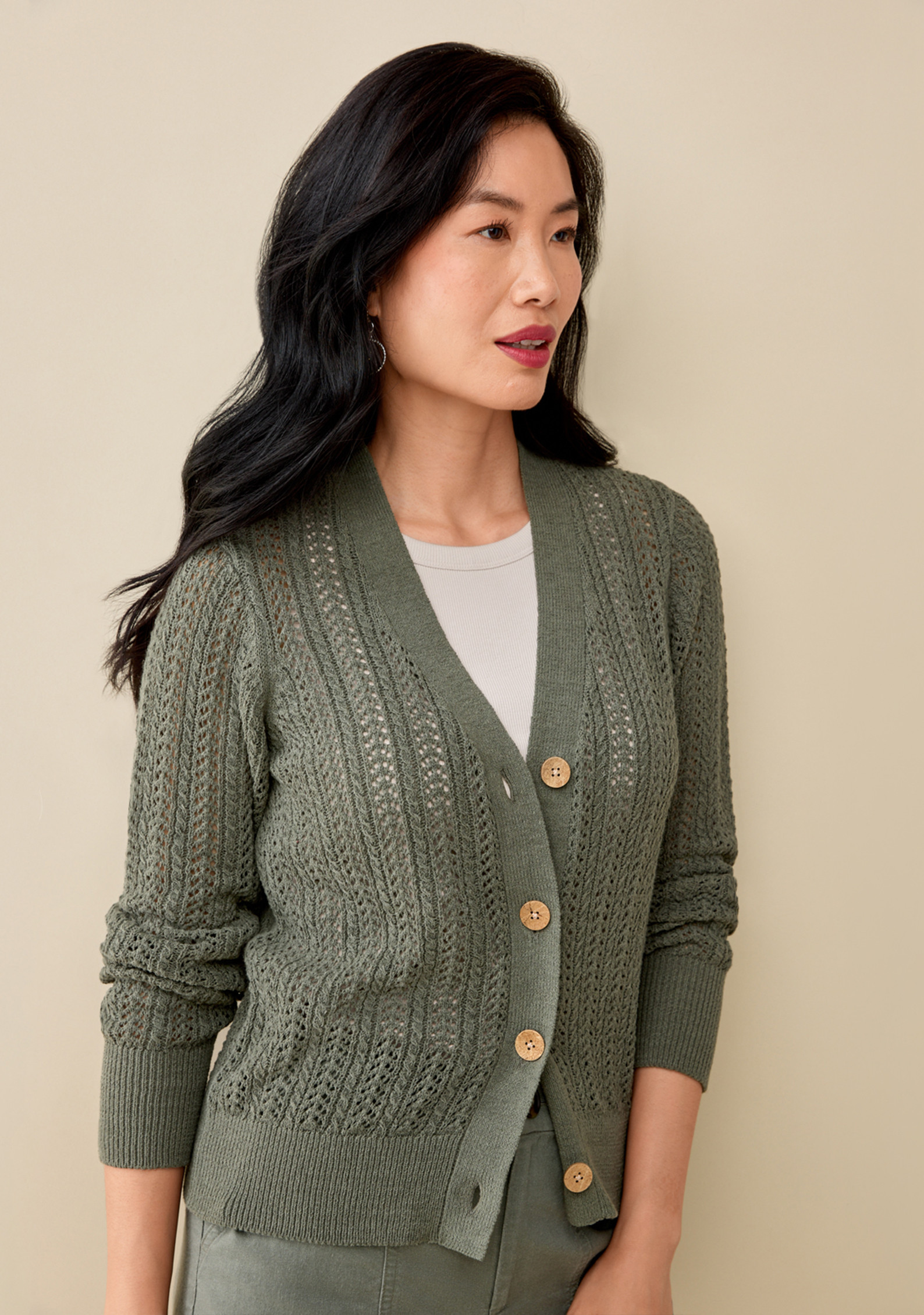 Crochet Button Front Cardigan Half Body - Olive Green