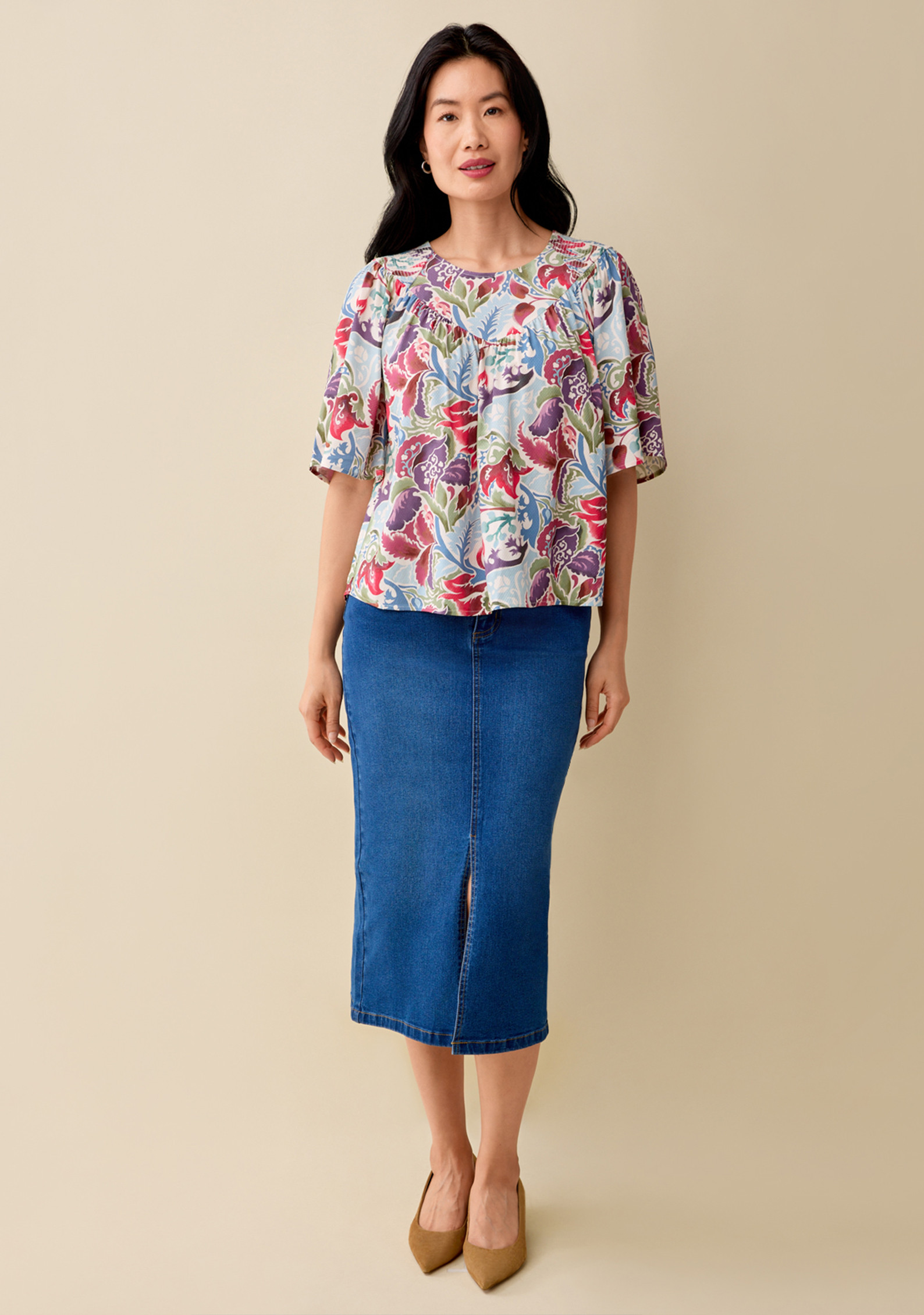 Elbow Sleeve Patterned Blouse Full Body