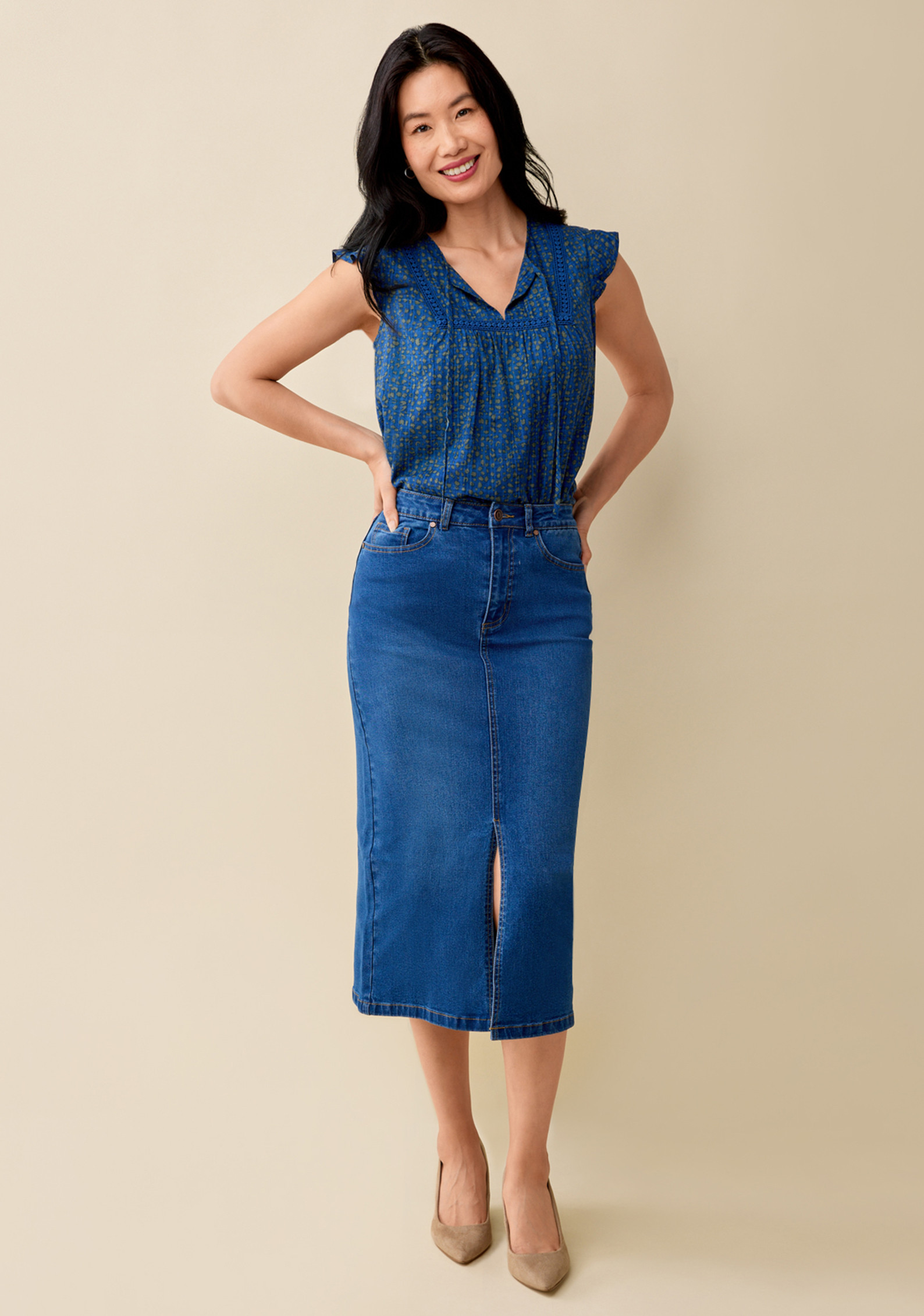 Medi Denim Skirt with Slit Full Body