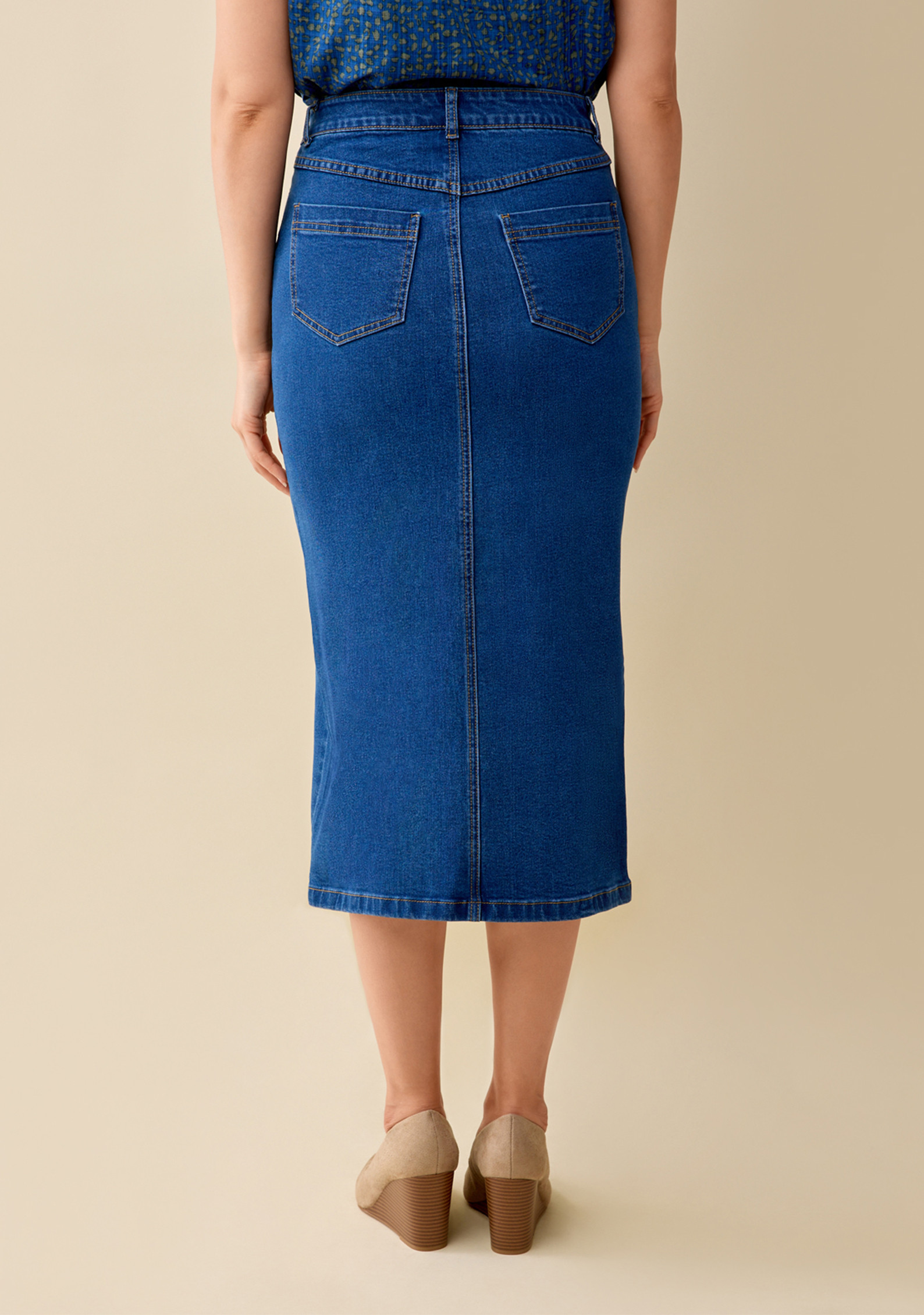 Medi Denim Skirt with Slit Back View