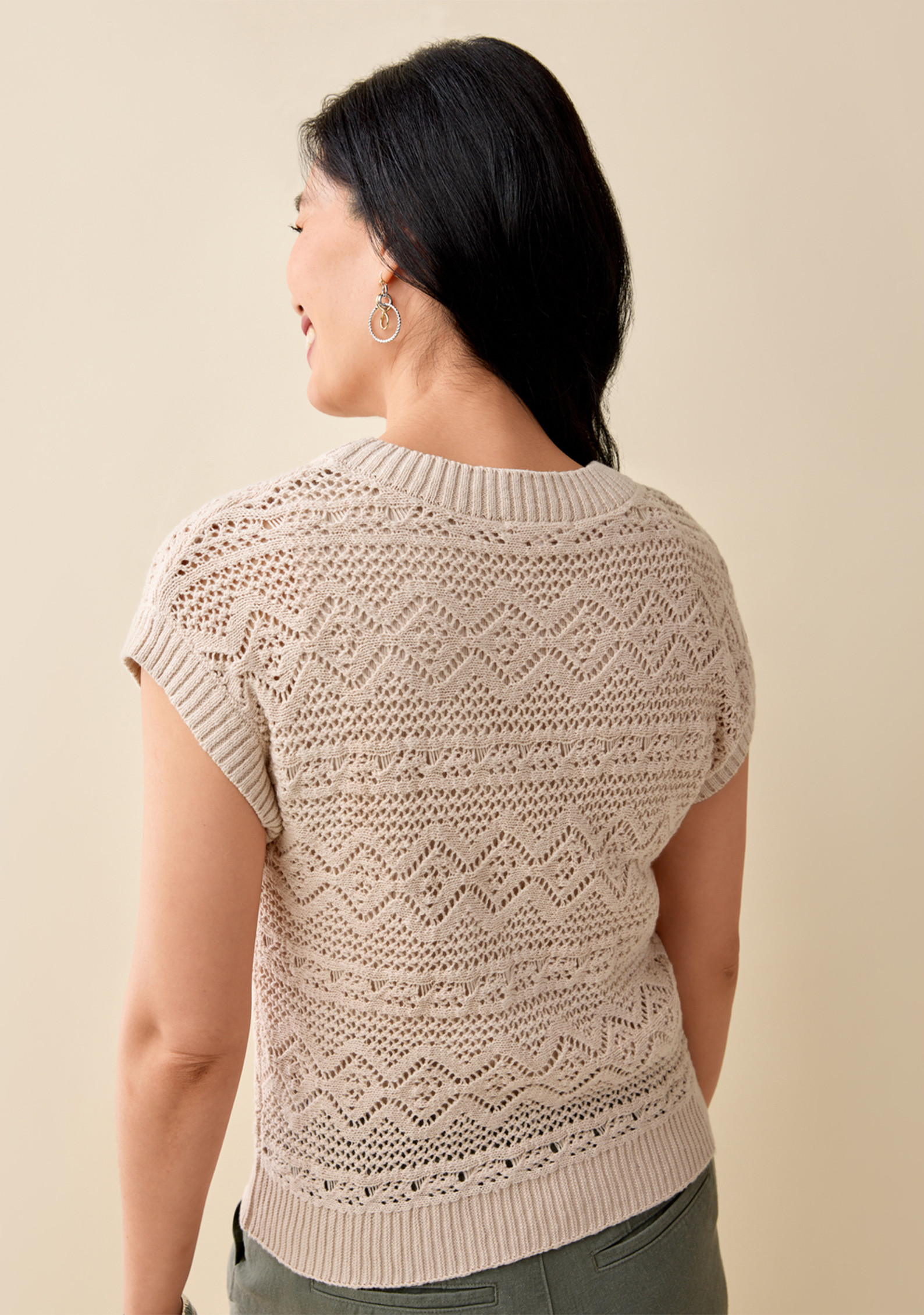 Pointelle Knit Short Sleeve Sweater Back View