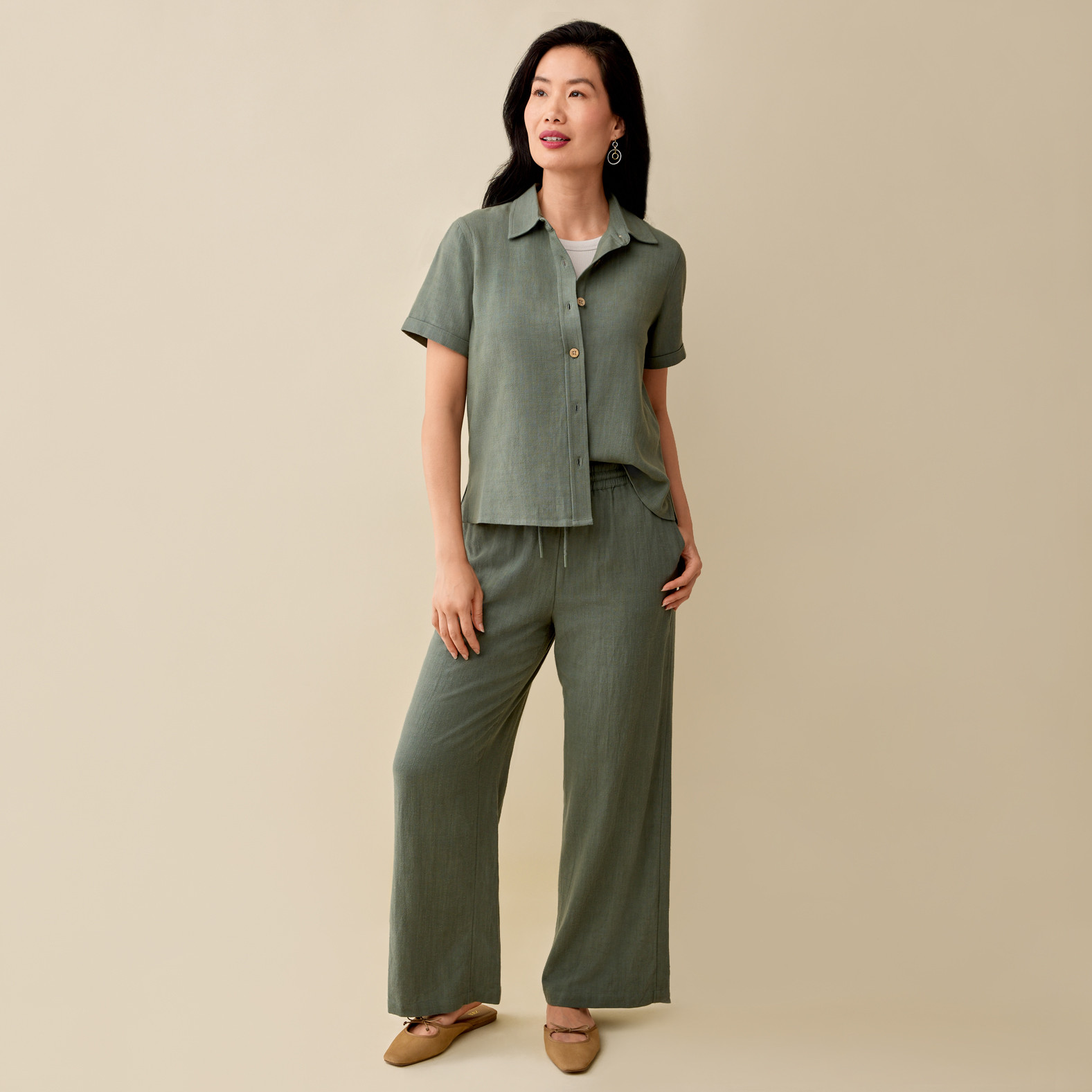 Solid Button-Up Camp Shirt Full Body