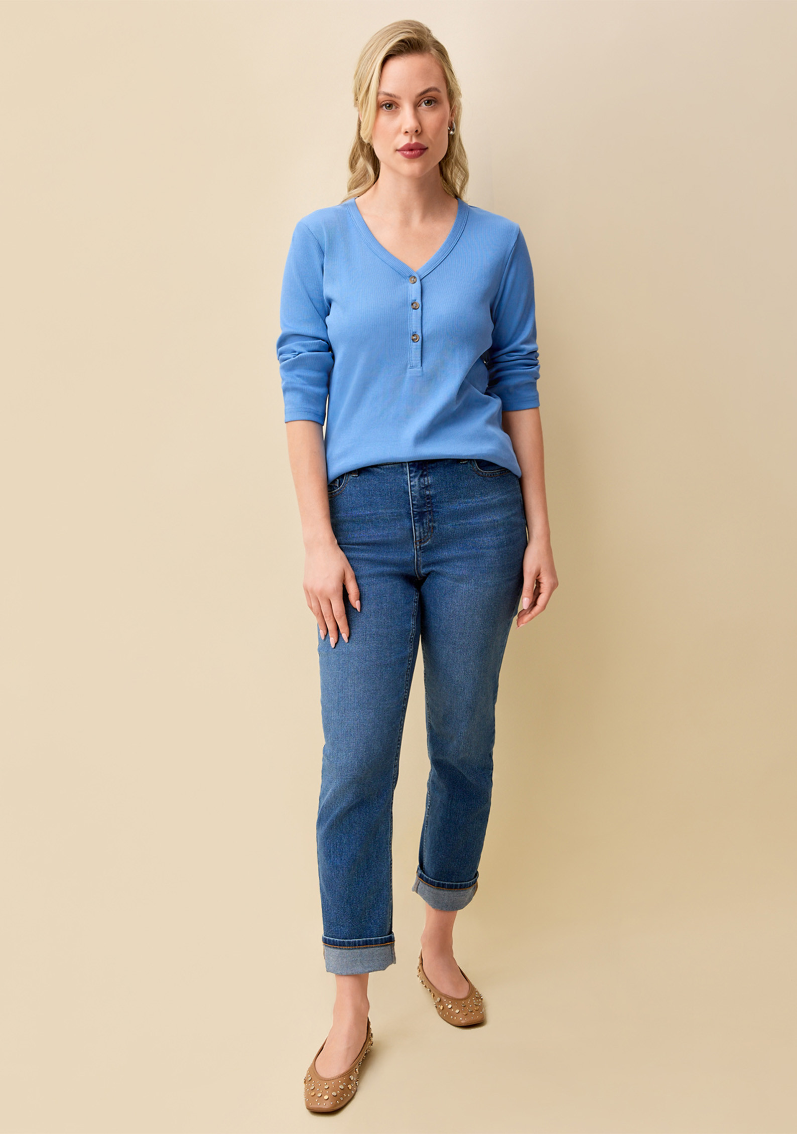 3/4 Sleeve Button Neck Tee  Full Body Moody Blue