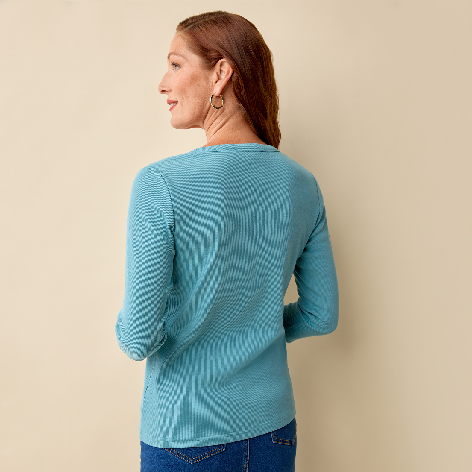 3/4 Sleeve Button Neck Tee Back View Vintage Teal Blue