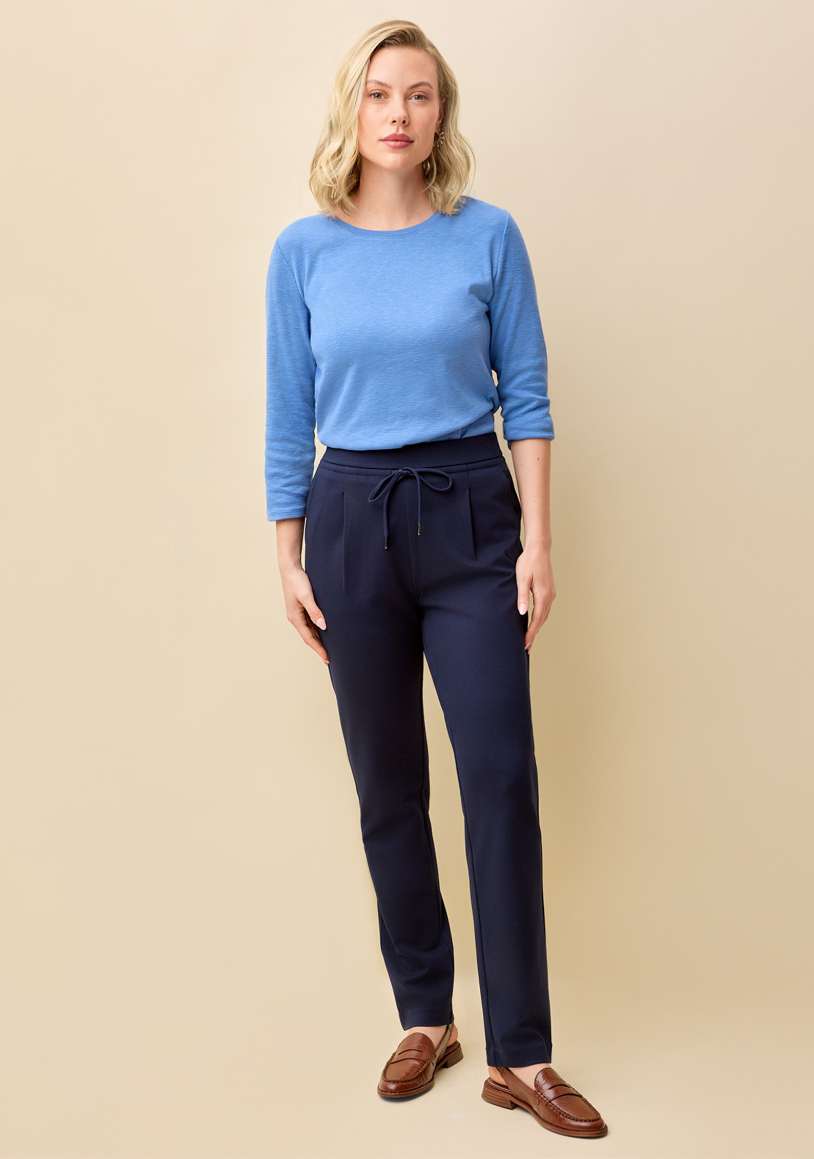 Drawstring Ponte Pant Full Body - Navy Blue