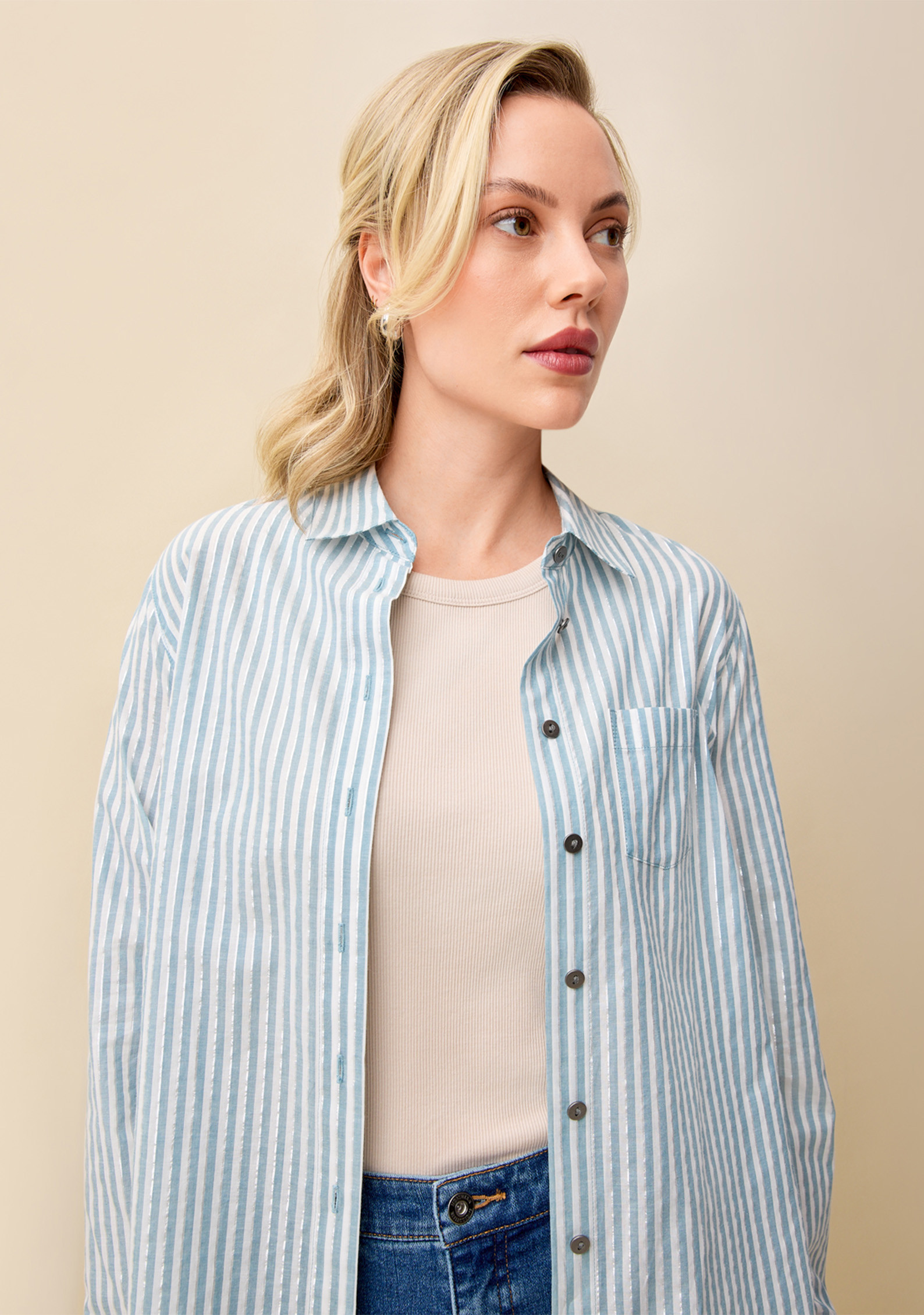 Striped Button Down Shirt  Half Body Open