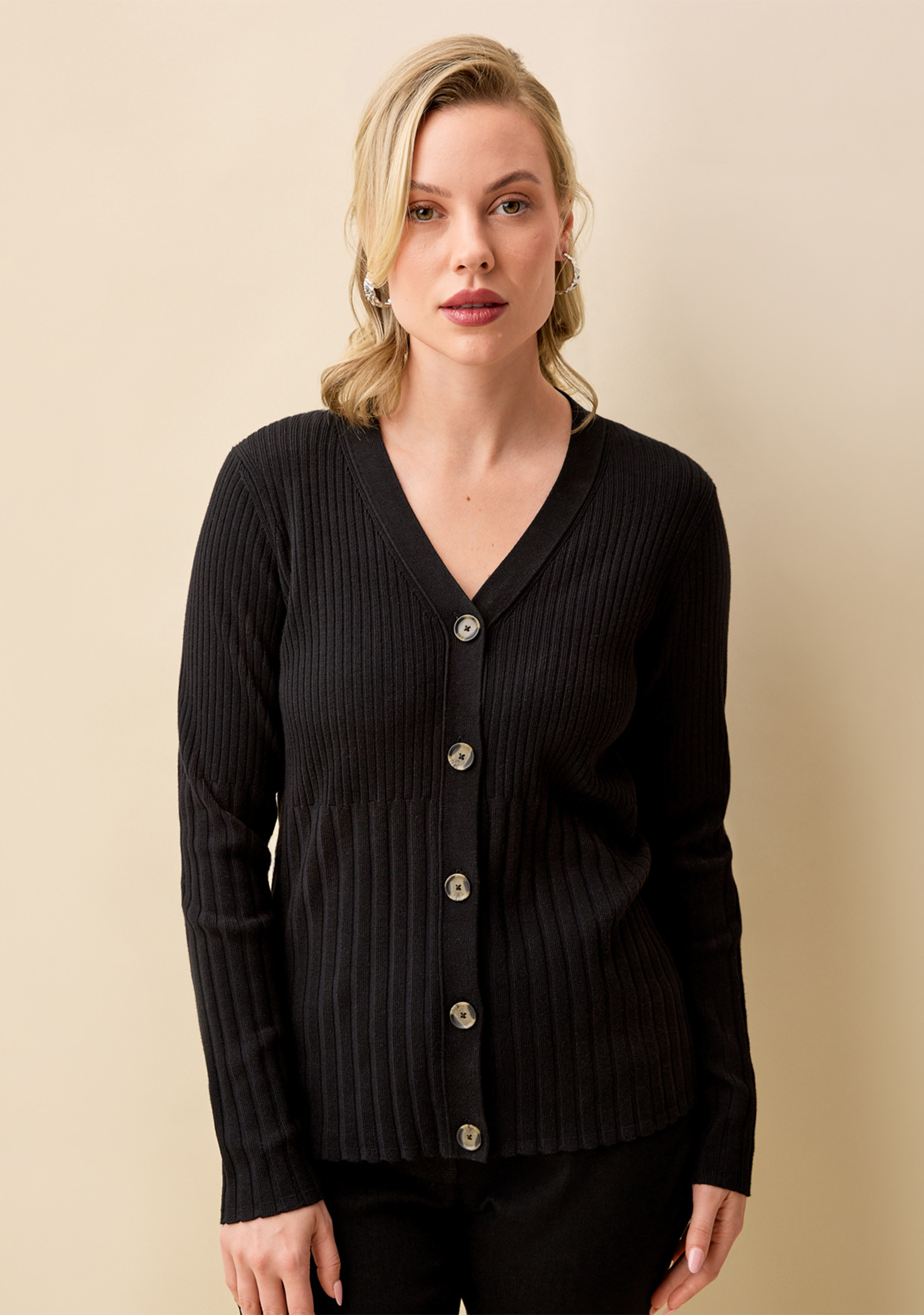 Rib Knit V-Neck Cardigan Black -Half Body
