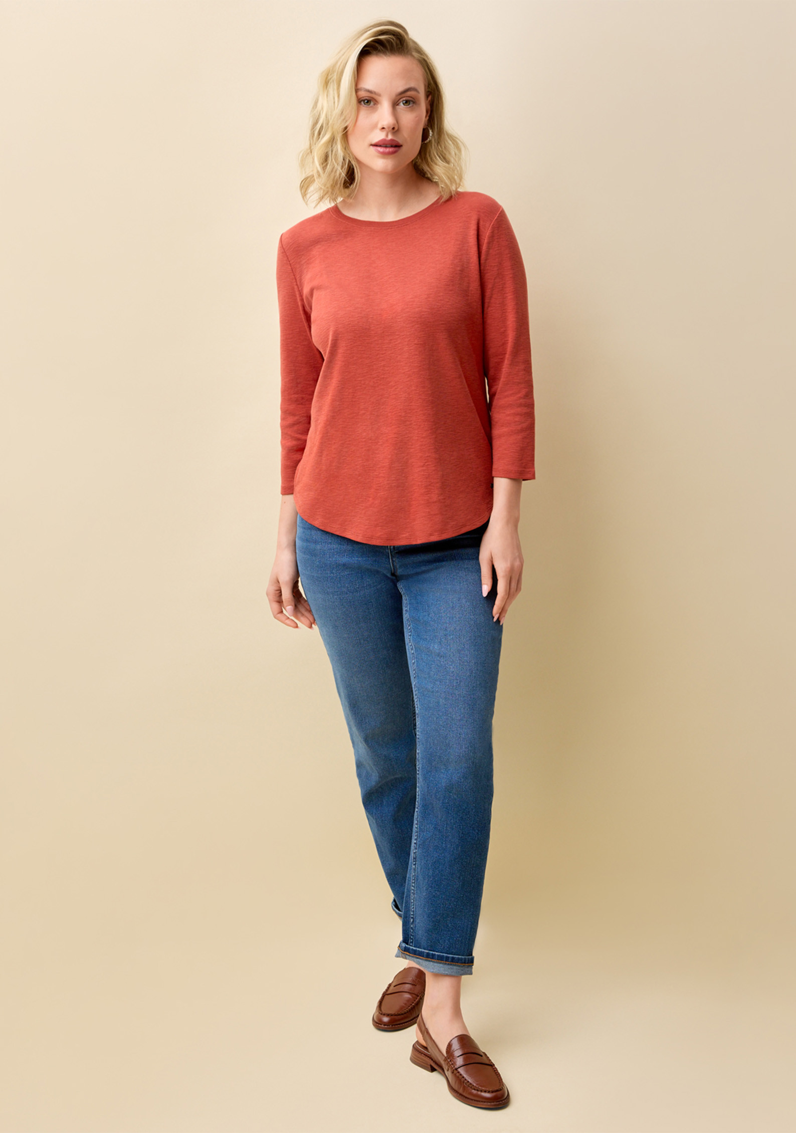 Slub Knit Cotton Tee Copper Cliff Orange Full Body