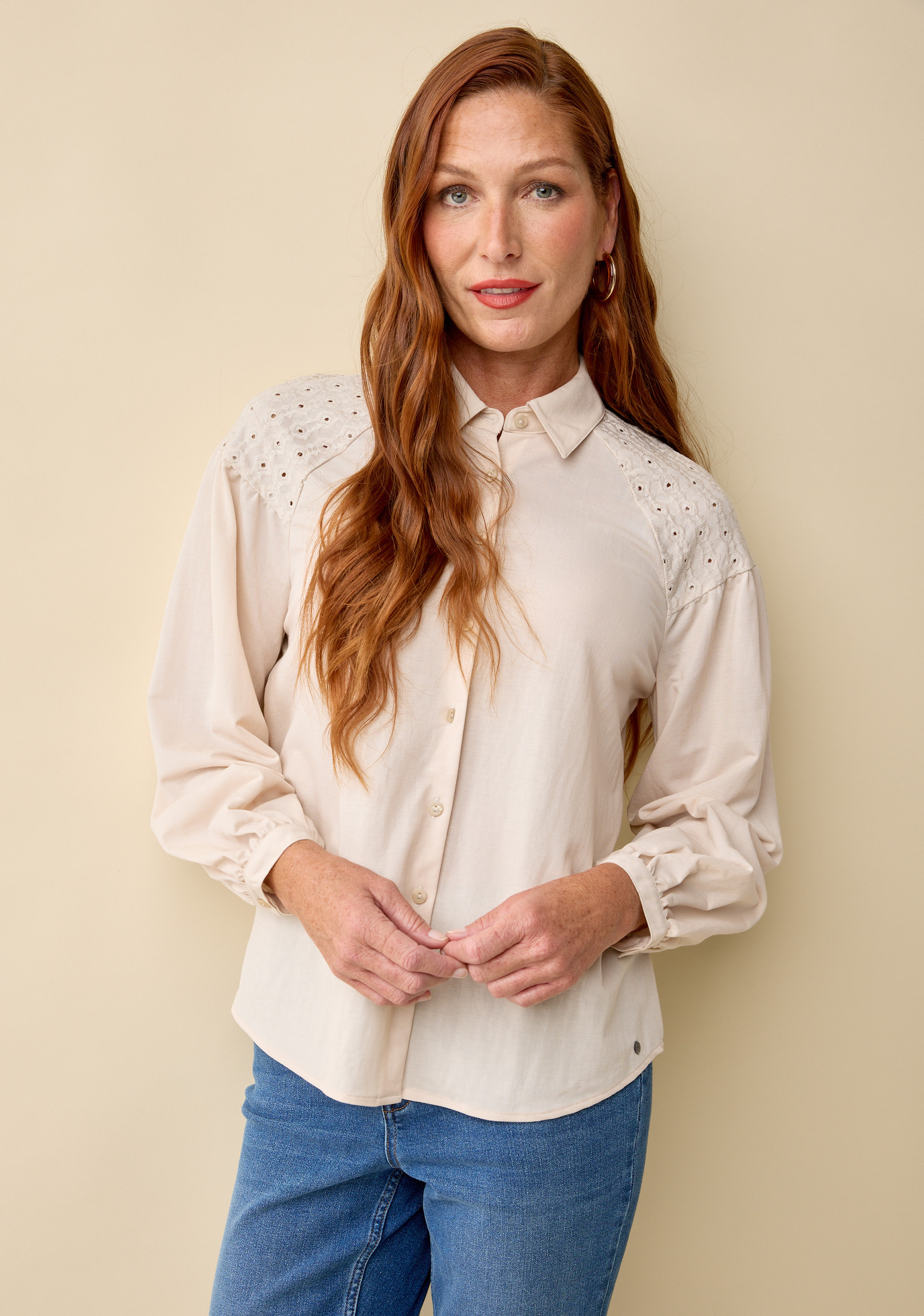 Eyelet Detail Button Down Shirt -Half Body