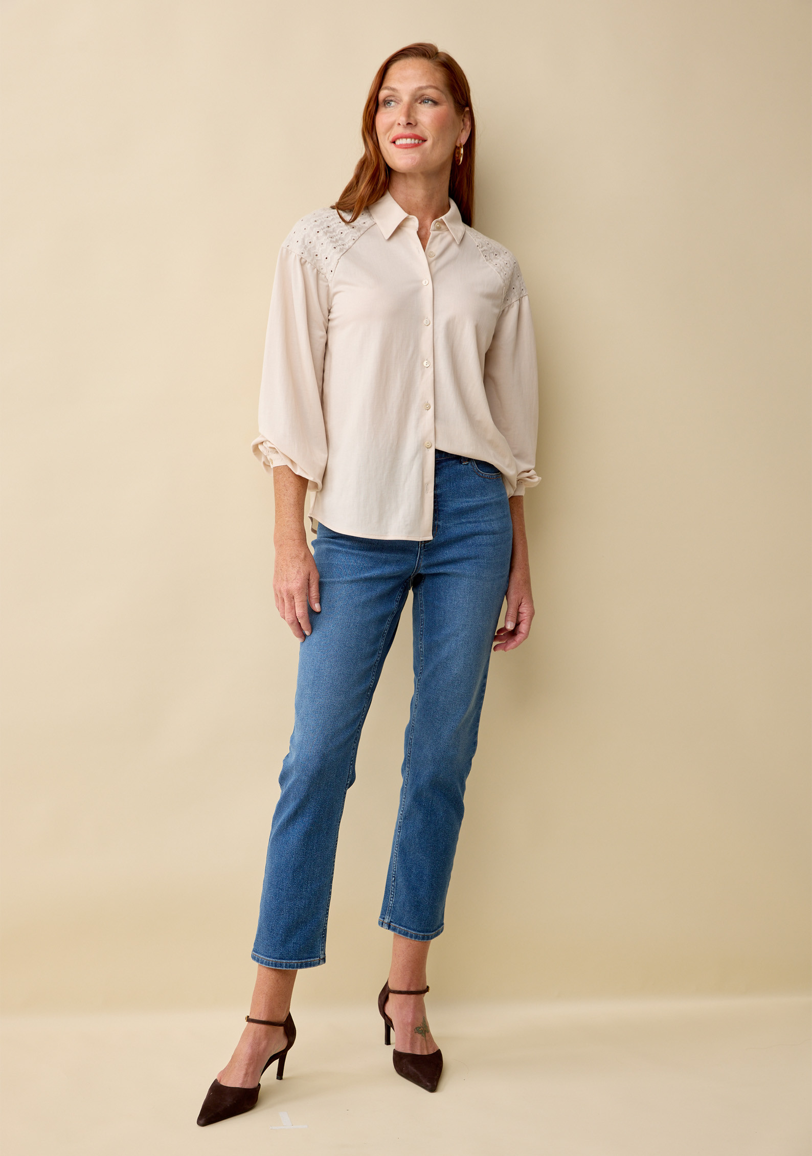 Eyelet Detail Button Down Shirt-Full Body