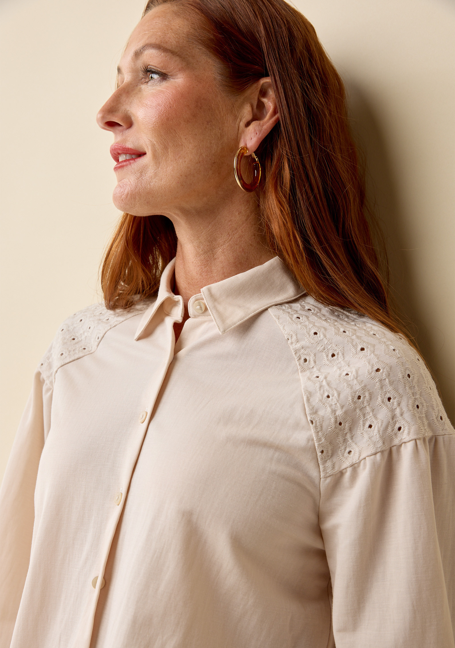 Eyelet Detail Button Down Shirt -Close Up