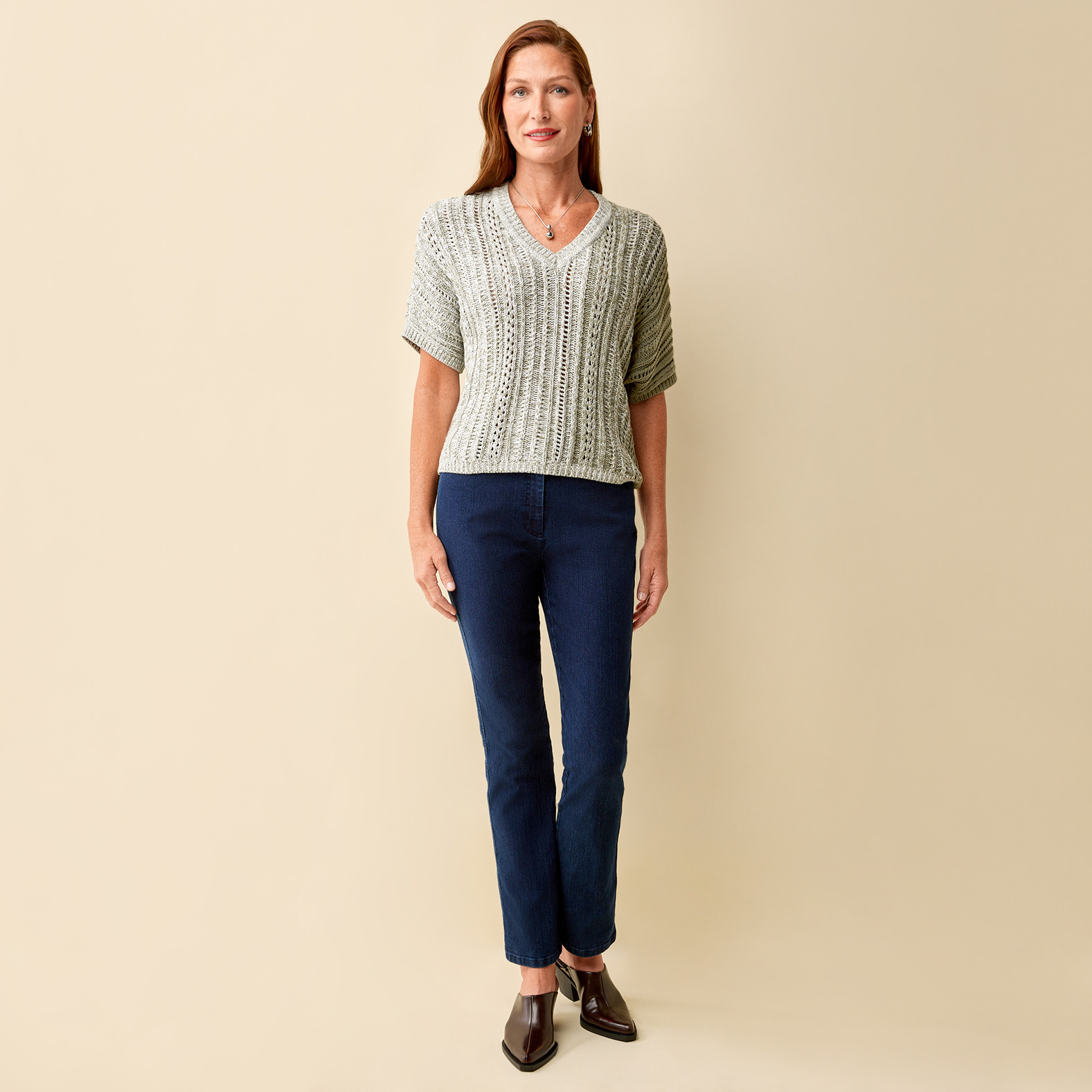 Textured Knit V-Neck Top Full Body