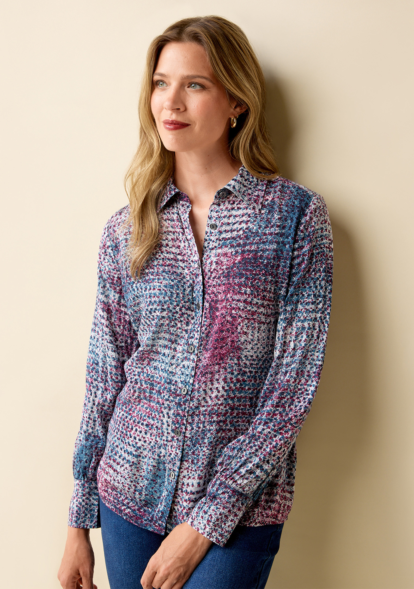 Abstract Print Button Down Blouse Half Body