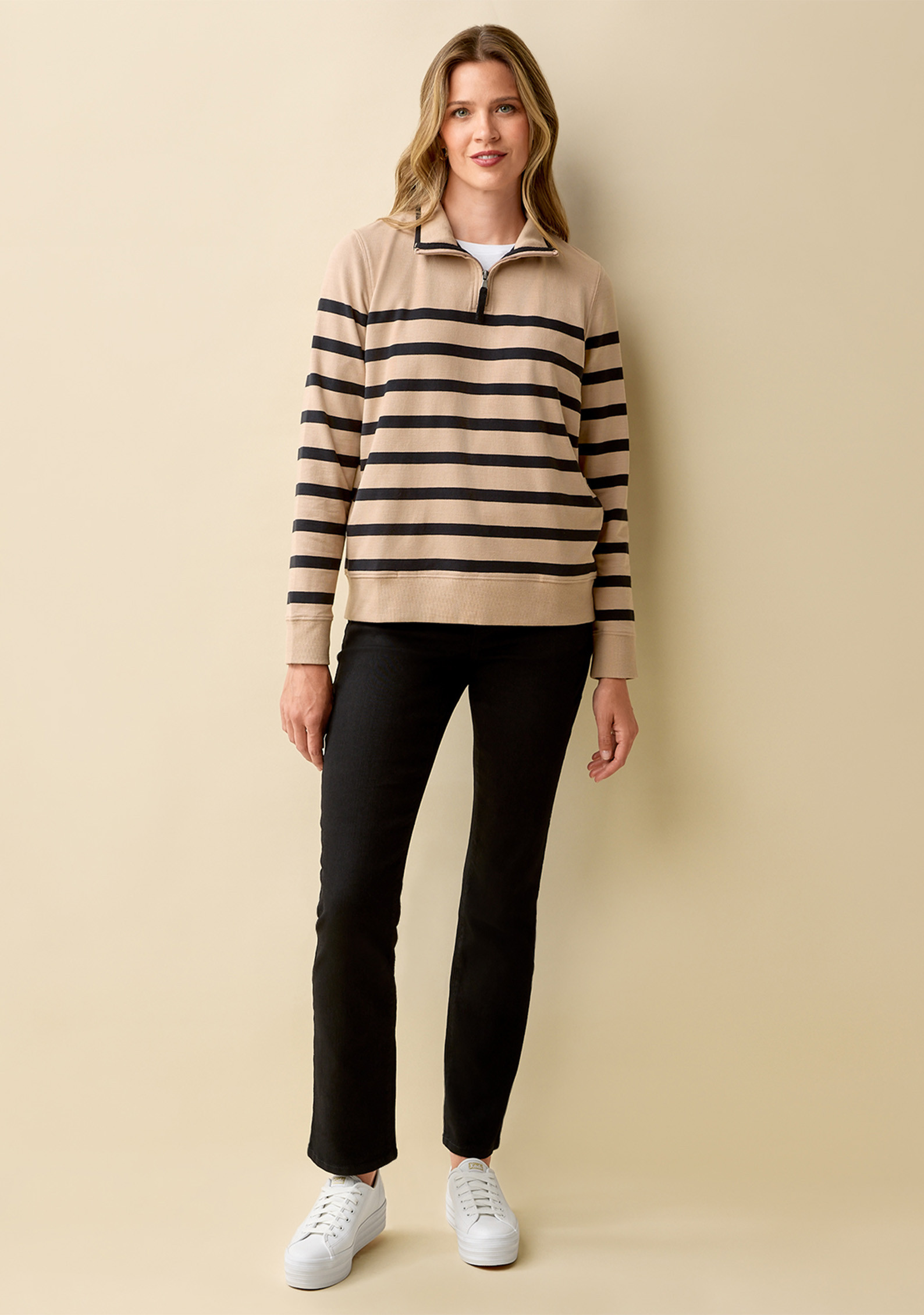 Striped Quarter Zip Sweatshirt Full Body
