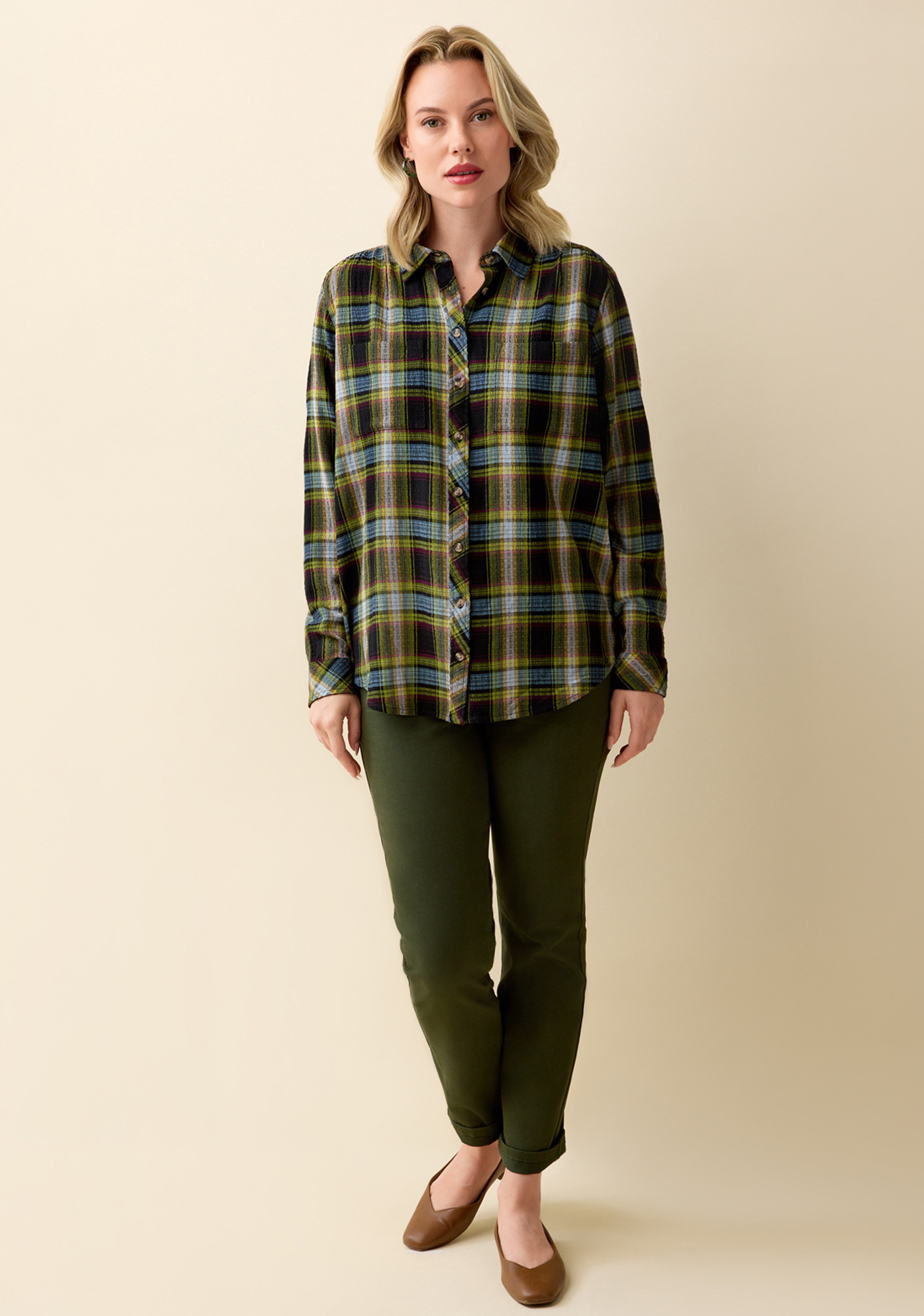 Green Plaid Button Up Shirt Full Body