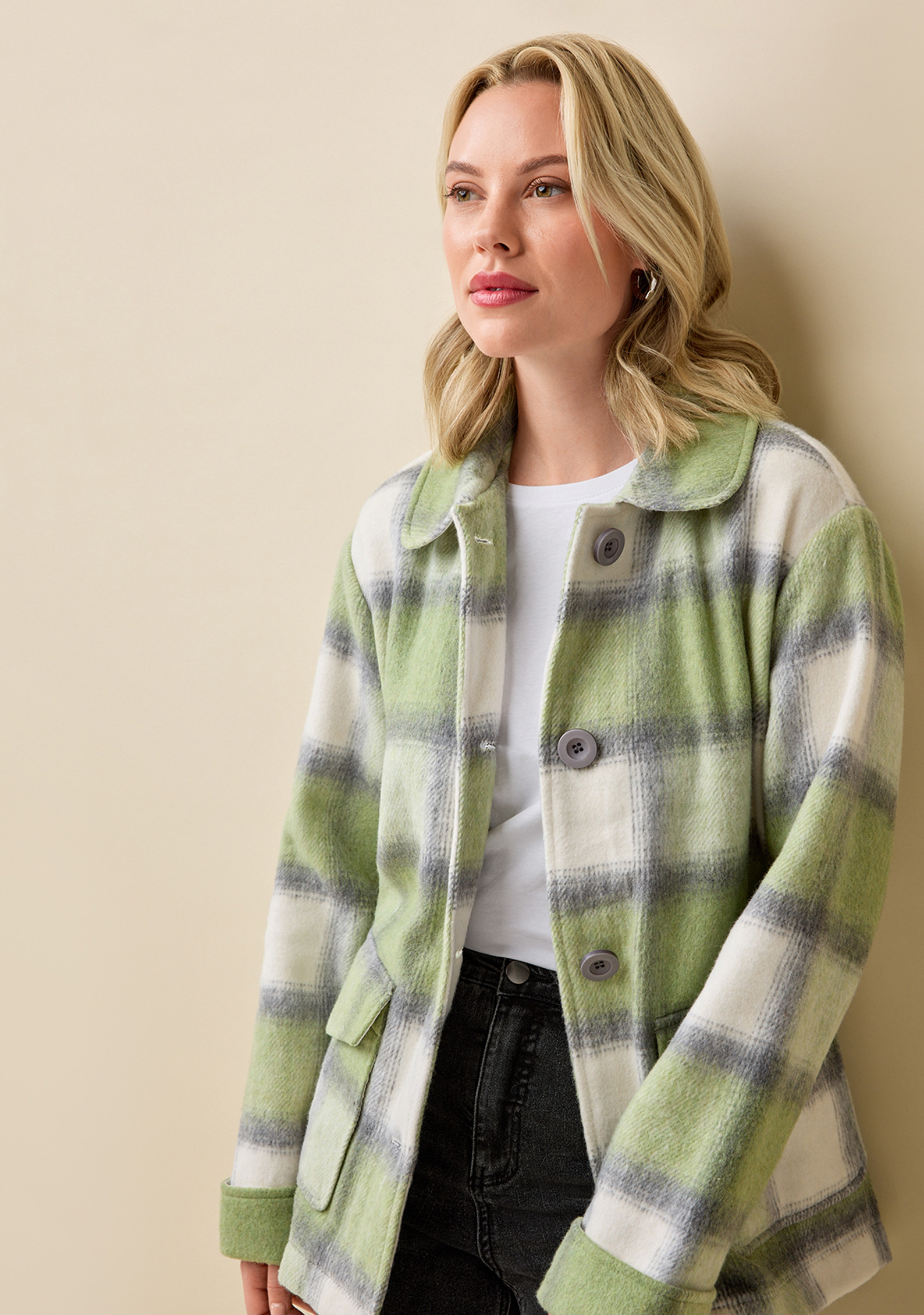 Green Plaid Shacket  Half Body Open