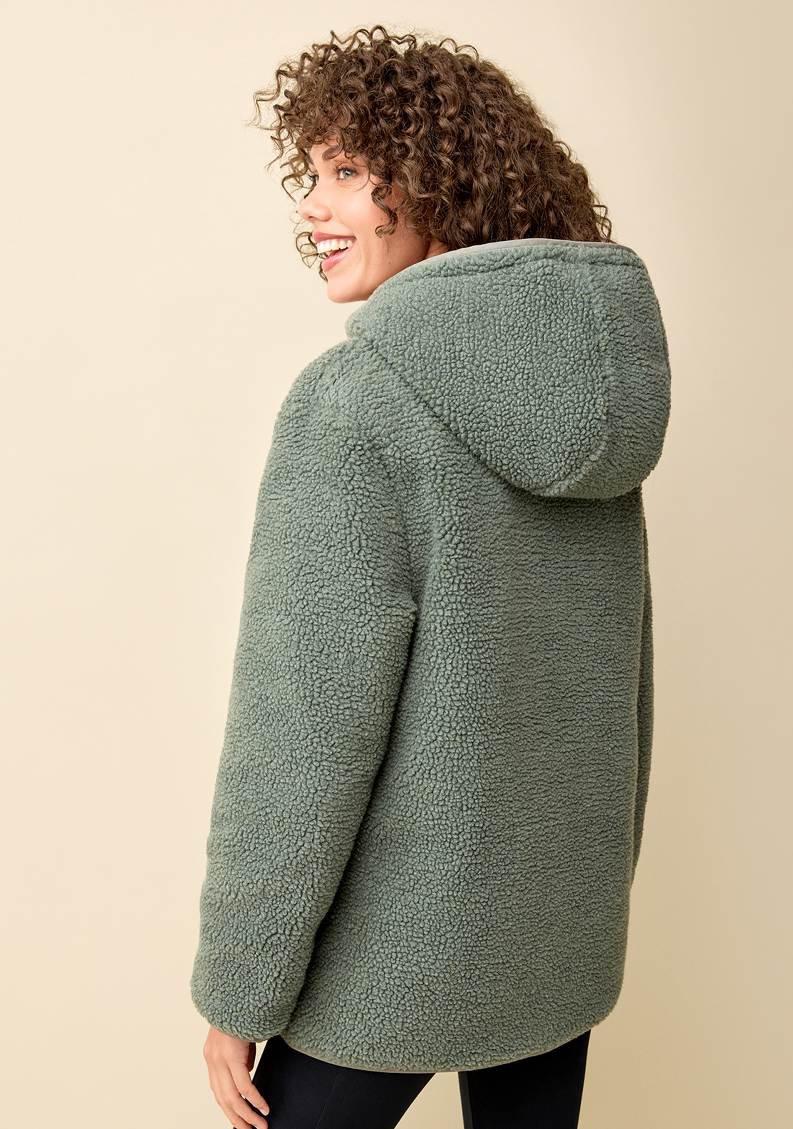 Olive Green Reversible Jacket Back View Fuzzy Side