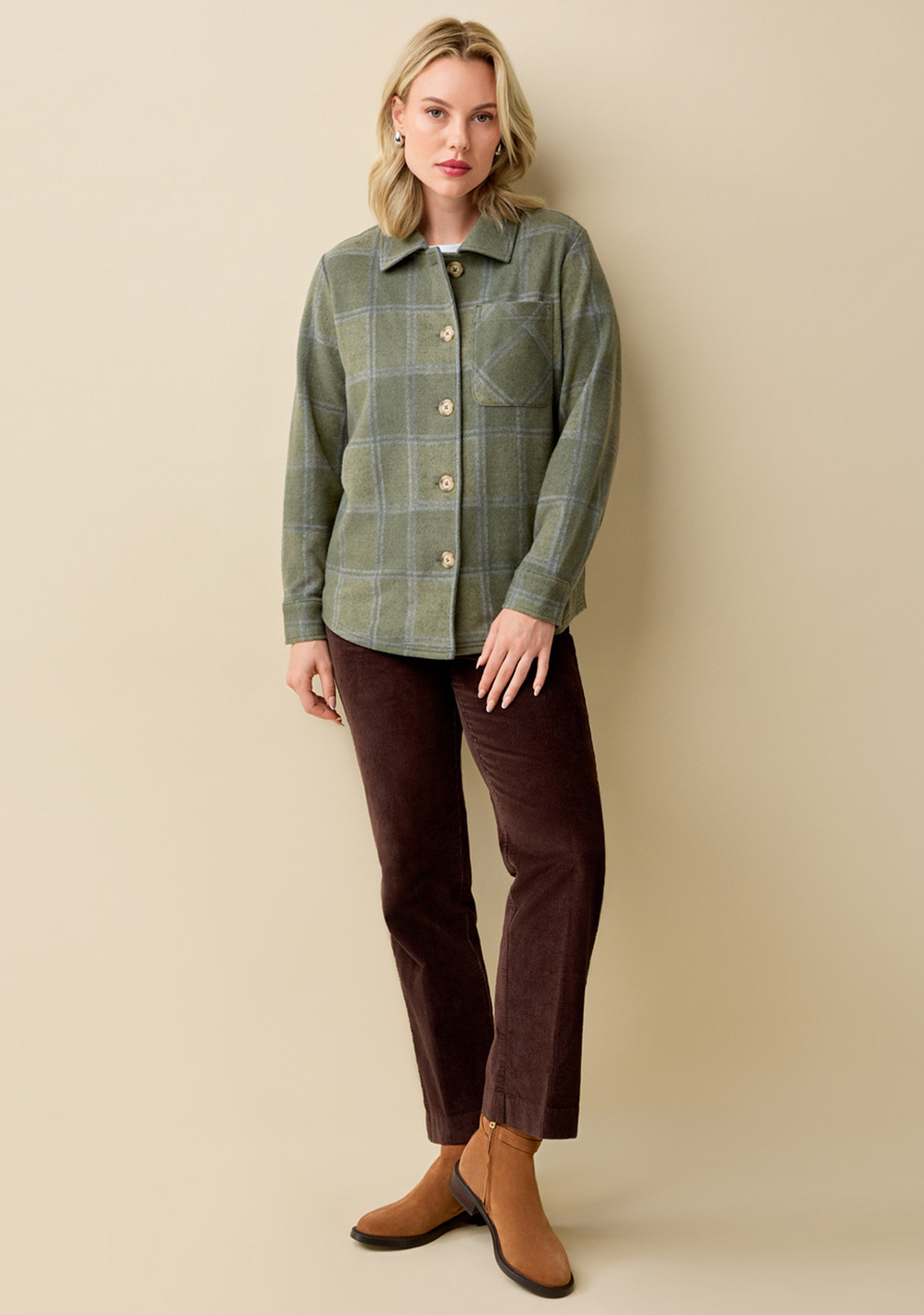 Plaid Button Light Shacket Petite - Thyme Green