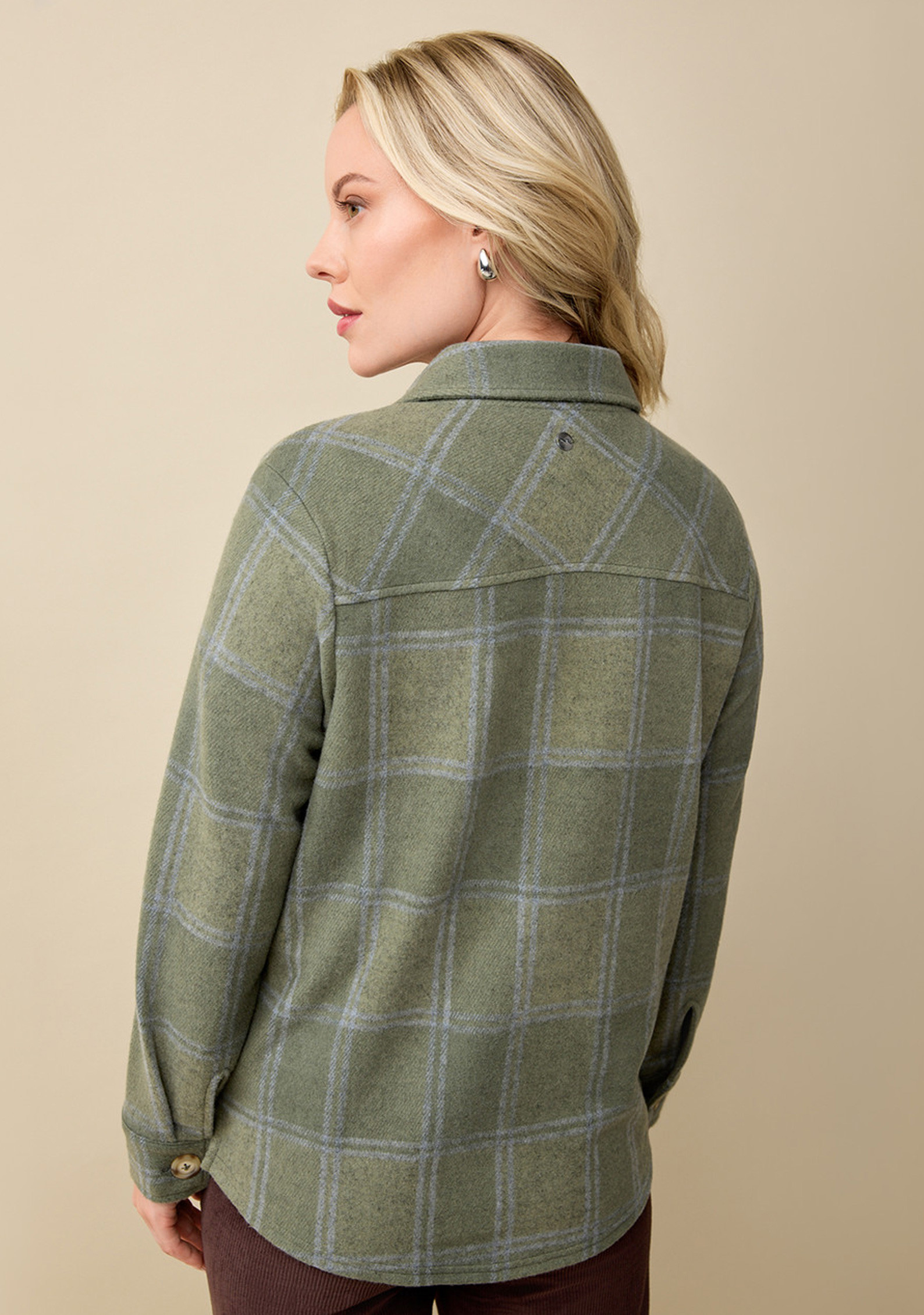 Plaid Button Light Shacket Back View Petite - Thyme Green